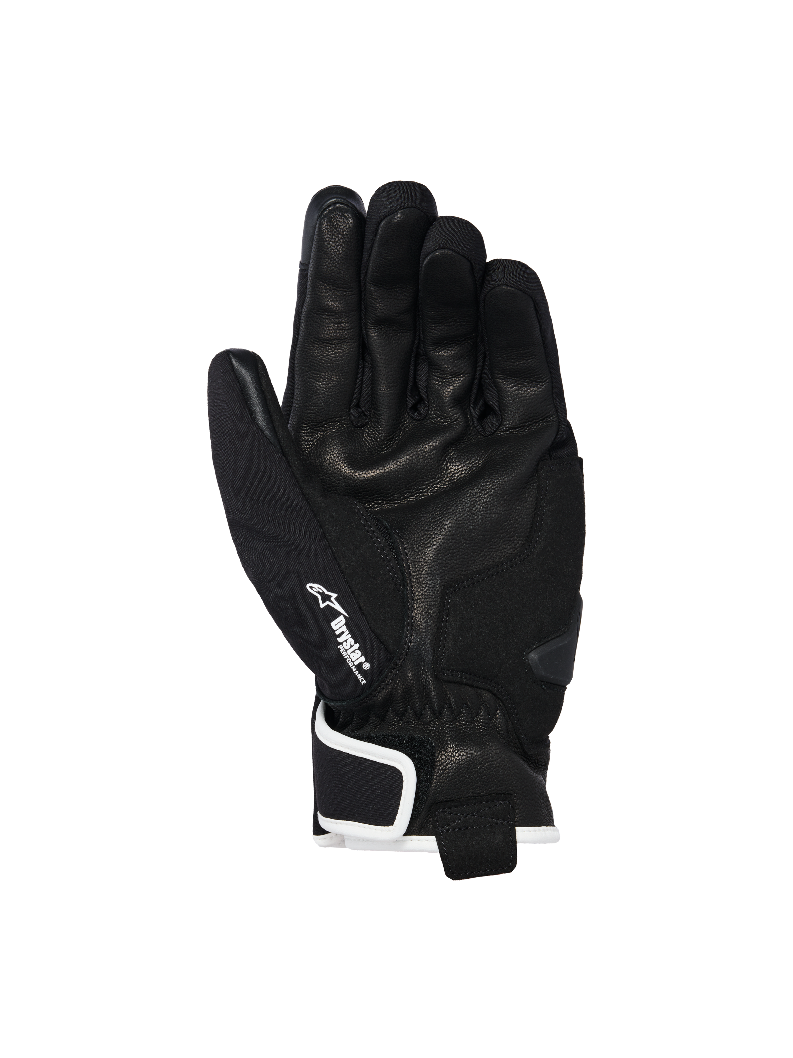 Alpinestars Moblast vandtætte handsker, sort med råhvid kant, set fra håndfladen, gedeskindskonstruktion, hvidt Drystar-logo på tommelfingeren og forstærkning med håndfladeslider, urban motorcykeludstyr med kort manchet