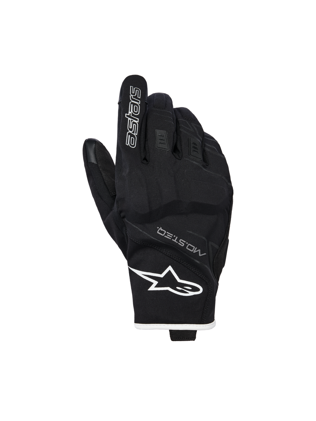 Alpinestars Moblast vandtætte handsker, motorcykelhandsker, sort og hvid, set fra håndryggen med hvidt stjernelogo på håndleddet og 'astars'-branding på pegefingeren, med MO.ST.EQ.-tekst og tekstureret stretchmateriale med forstærkede knoer, design med kort manchet.