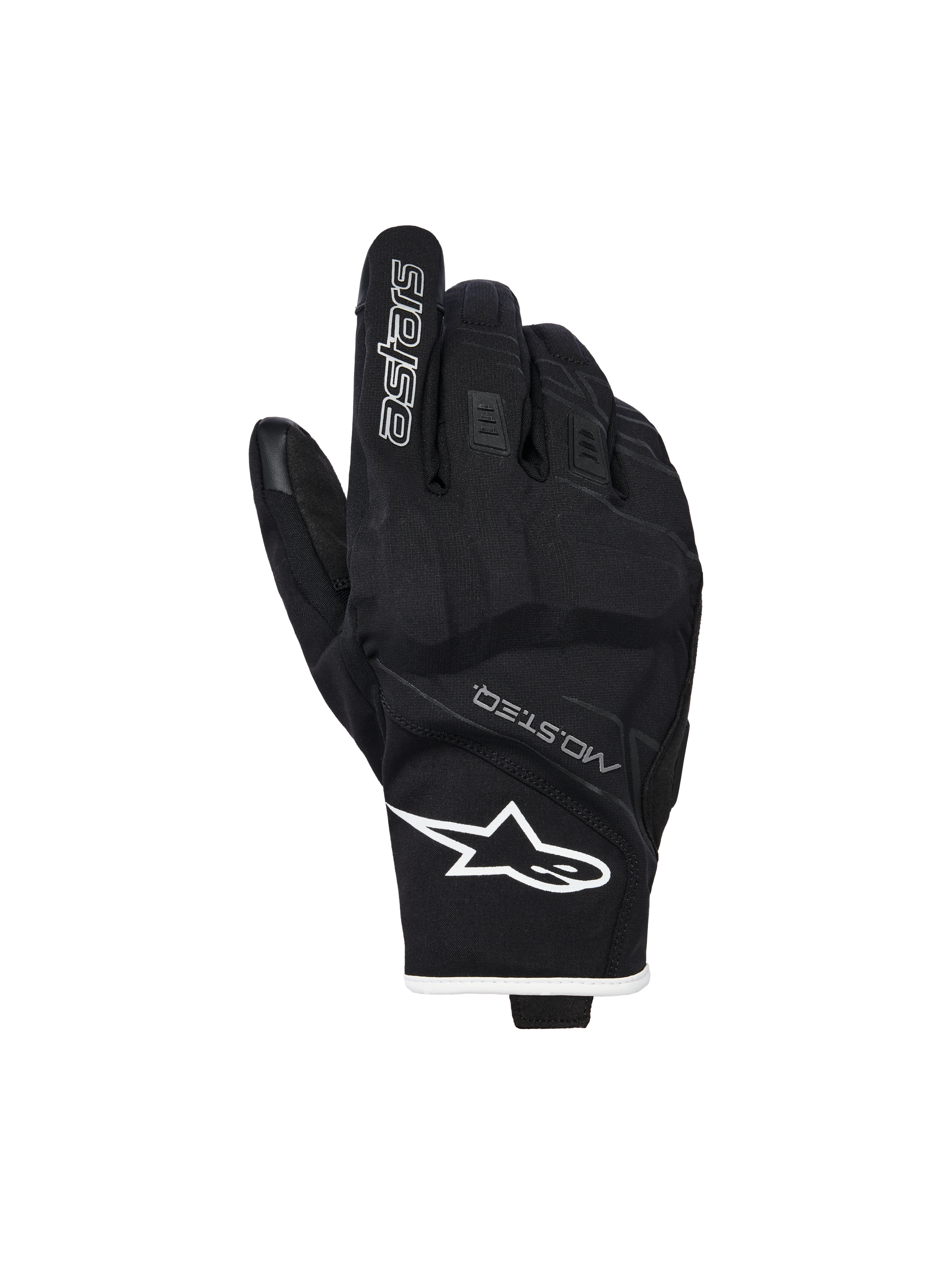 Alpinestars Moblast vandtætte handsker, motorcykelhandsker, sort og hvid, set fra håndryggen med hvidt stjernelogo på håndleddet og 'astars'-branding på pegefingeren, med MO.ST.EQ.-tekst og tekstureret stretchmateriale med forstærkede knoer, design med kort manchet.