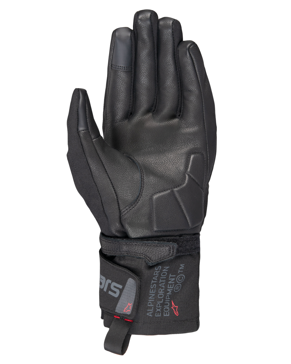 Alpinestars WT-3 Drystar® forede handsker, sorte motorcykelhandsker, håndfladevisning der viser læderforstærkning og polstret håndflade, mellemlang manchet med Alpinestars Exploration Equipment-branding, touchscreen-kompatible fingerspidser, holdbar touring-beskyttelse til al slags vejr.