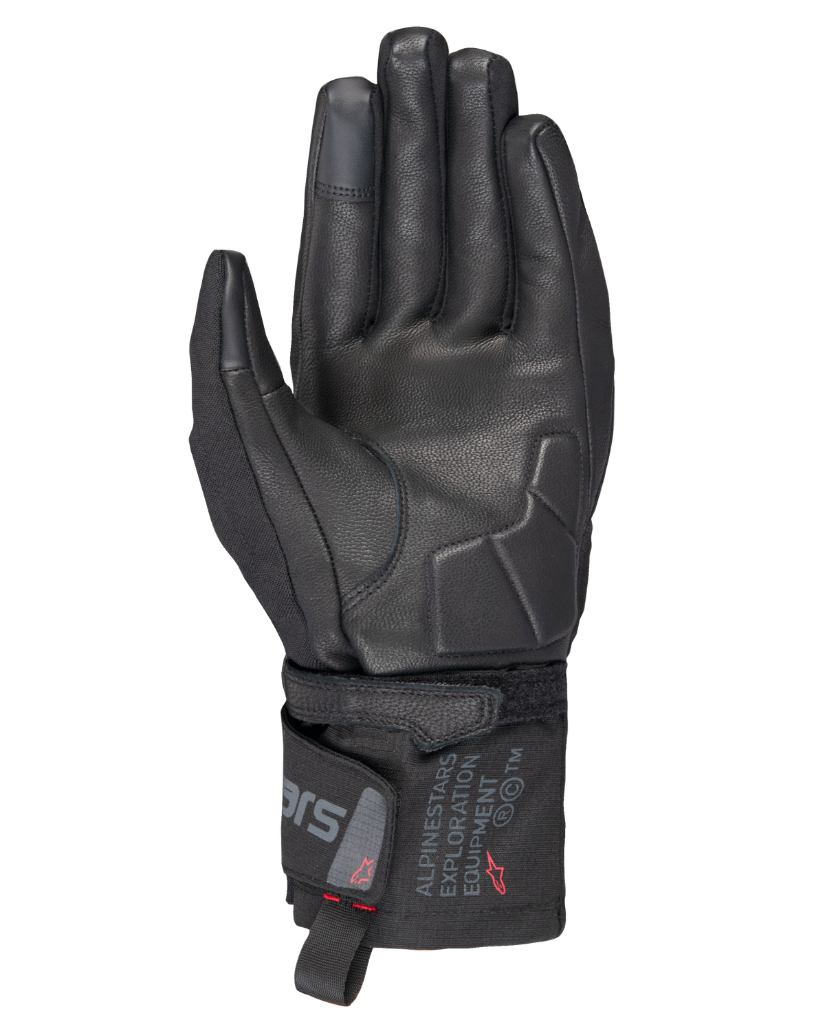 Alpinestars WT-3 Drystar® forede handsker, sorte motorcykelhandsker, håndfladevisning der viser læderforstærkning og polstret håndflade, mellemlang manchet med Alpinestars Exploration Equipment-branding, touchscreen-kompatible fingerspidser, holdbar touring-beskyttelse til al slags vejr.