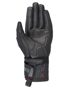 Alpinestars WT-3 Drystar® forede handsker, sorte motorcykelhandsker, håndfladevisning der viser læderforstærkning og polstret håndflade, mellemlang manchet med Alpinestars Exploration Equipment-branding, touchscreen-kompatible fingerspidser, holdbar touring-beskyttelse til al slags vejr.