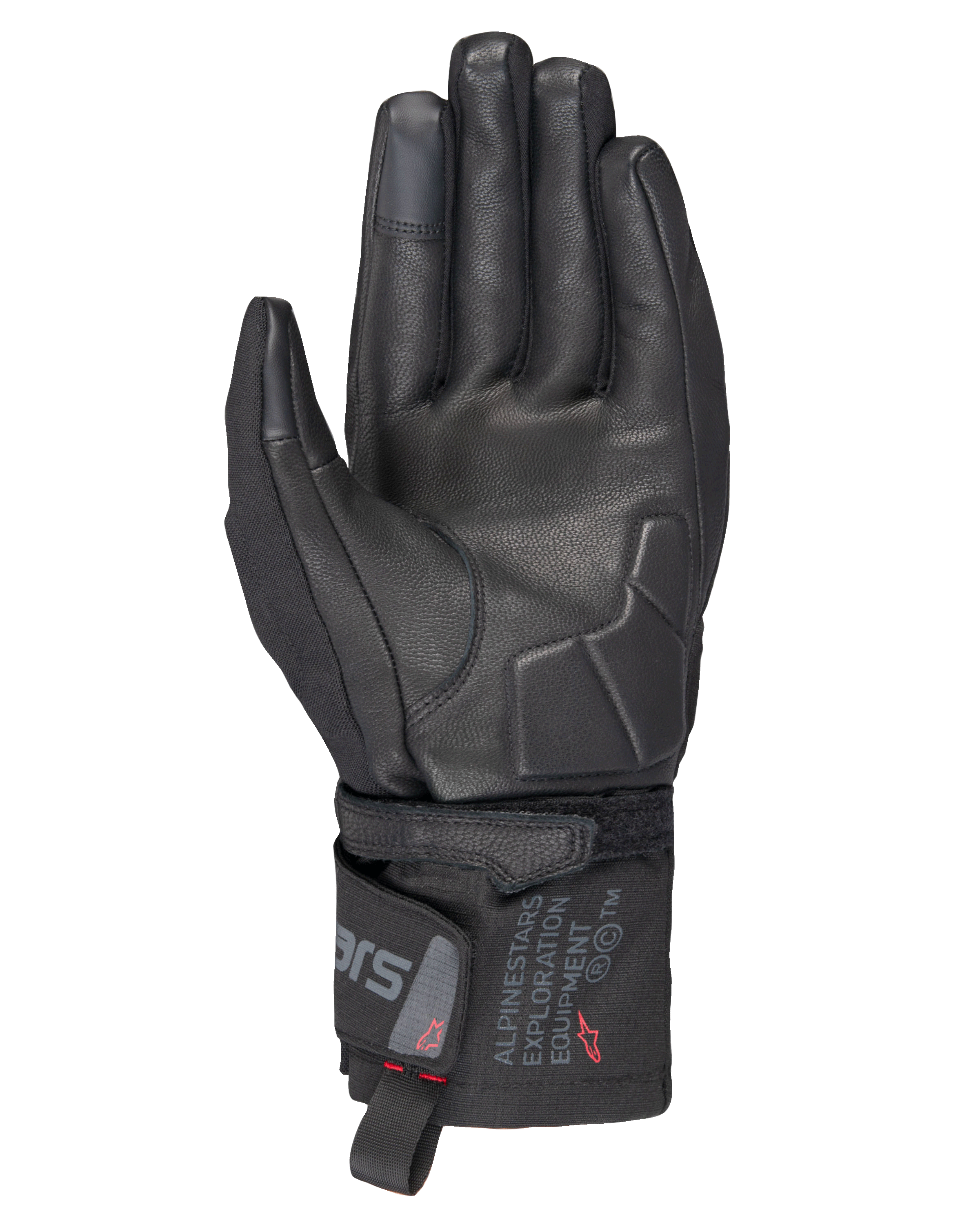 Alpinestars WT-3 Drystar® forede handsker, sorte motorcykelhandsker, håndfladevisning der viser læderforstærkning og polstret håndflade, mellemlang manchet med Alpinestars Exploration Equipment-branding, touchscreen-kompatible fingerspidser, holdbar touring-beskyttelse til al slags vejr.