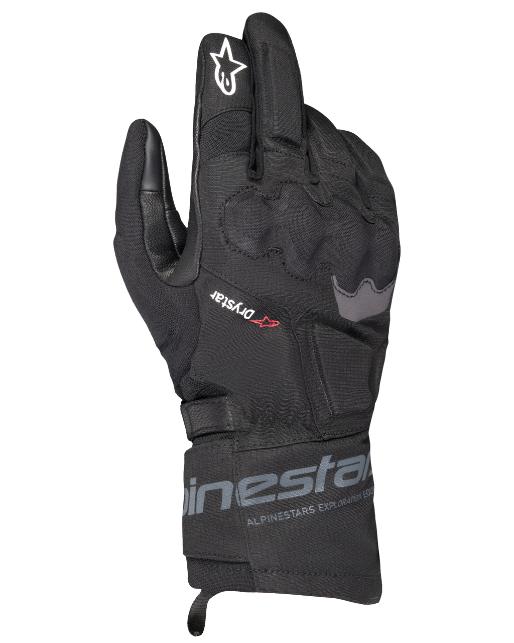 Alpinestars WT-3 Drystar isolerede handsker, sorte touring-motorcykelhandsker, vandtæt og isoleret konstruktion med formstøbt knobeskyttelse, hvidt stjernelogo på pegefingeren, mellemlang manchet med Alpinestars-branding