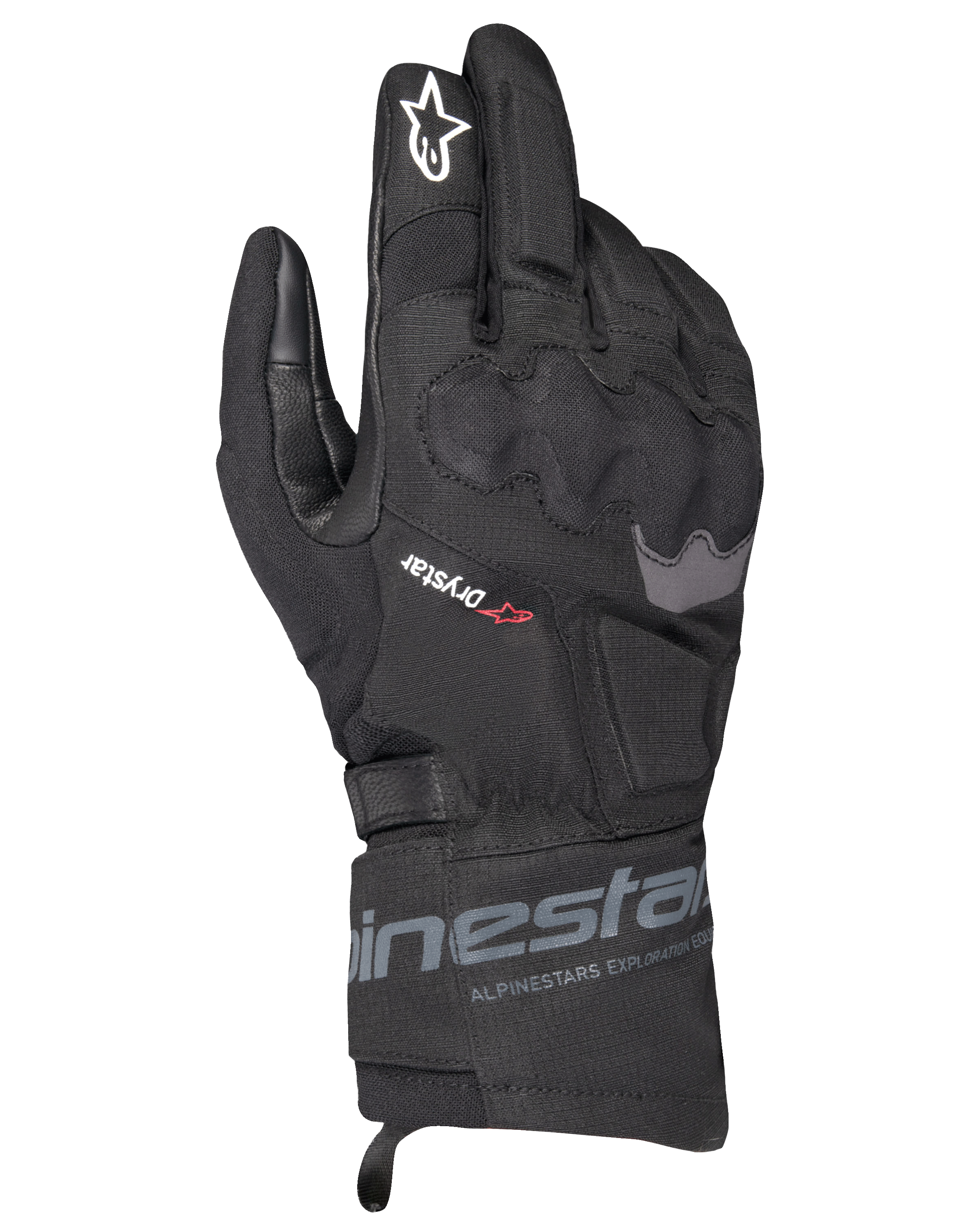Alpinestars WT-3 Drystar isolerede handsker, sorte touring-motorcykelhandsker, vandtæt og isoleret konstruktion med formstøbt knobeskyttelse, hvidt stjernelogo på pegefingeren, mellemlang manchet med Alpinestars-branding
