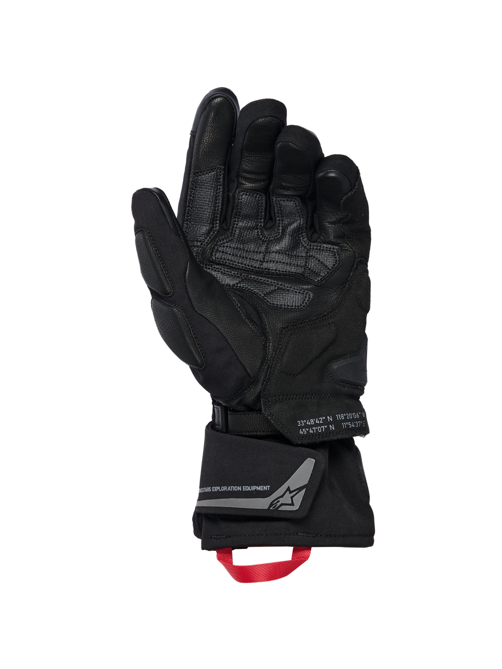 Alpinestars WT-8 GORE-TEX isolerede handsker, motorcykelhandsker, sort, visning af indersiden af håndfladen med forstærkede læderstykker og polstrede slidere, lang manchet med rød trækstrop og Alpinestars Exploration Equipment-branding med geografiske koordinater, teknisk vej- og adventure-design