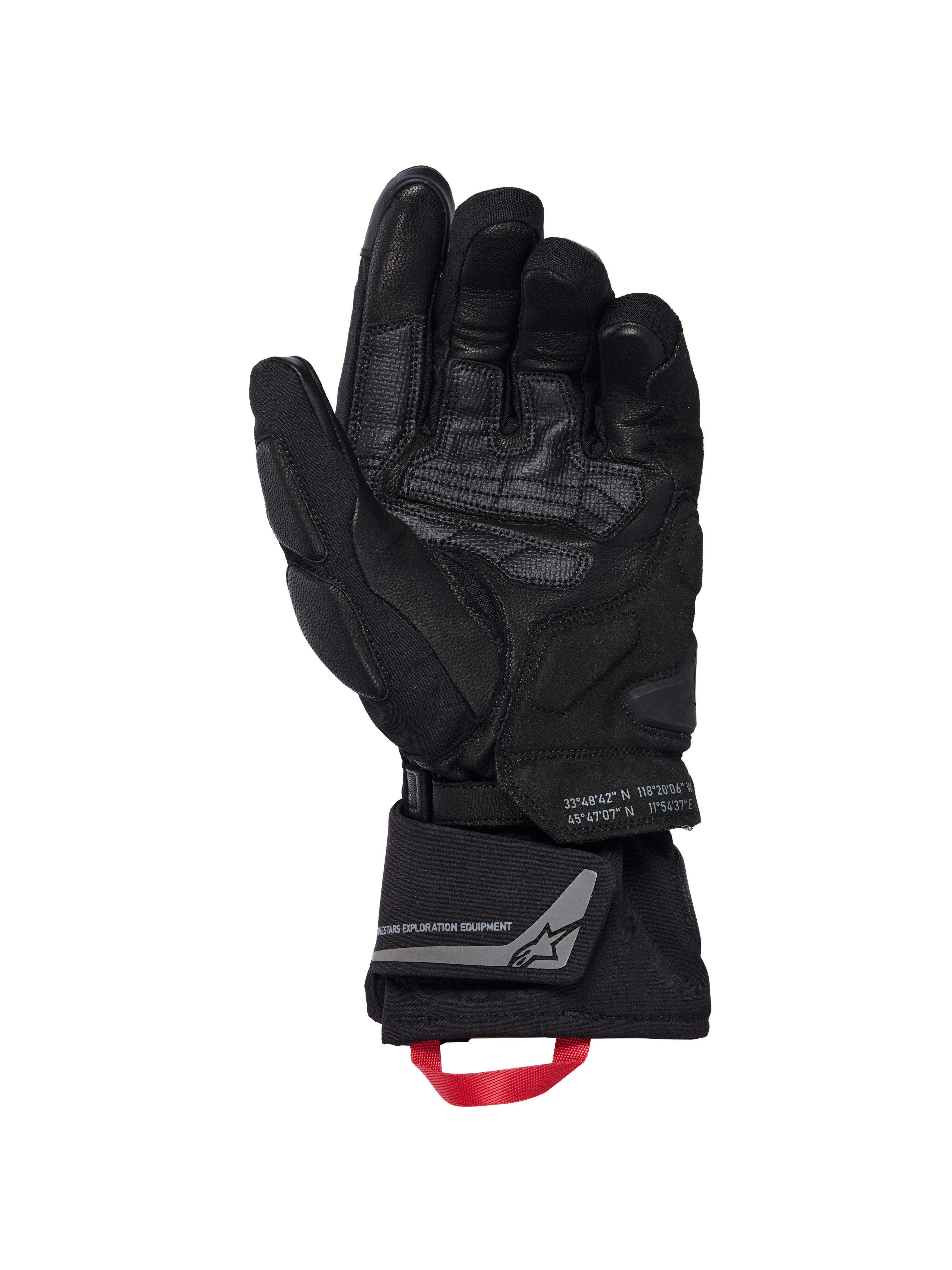 Alpinestars WT-8 GORE-TEX isolerede handsker, motorcykelhandsker, sort, visning af indersiden af håndfladen med forstærkede læderstykker og polstrede slidere, lang manchet med rød trækstrop og Alpinestars Exploration Equipment-branding med geografiske koordinater, teknisk vej- og adventure-design