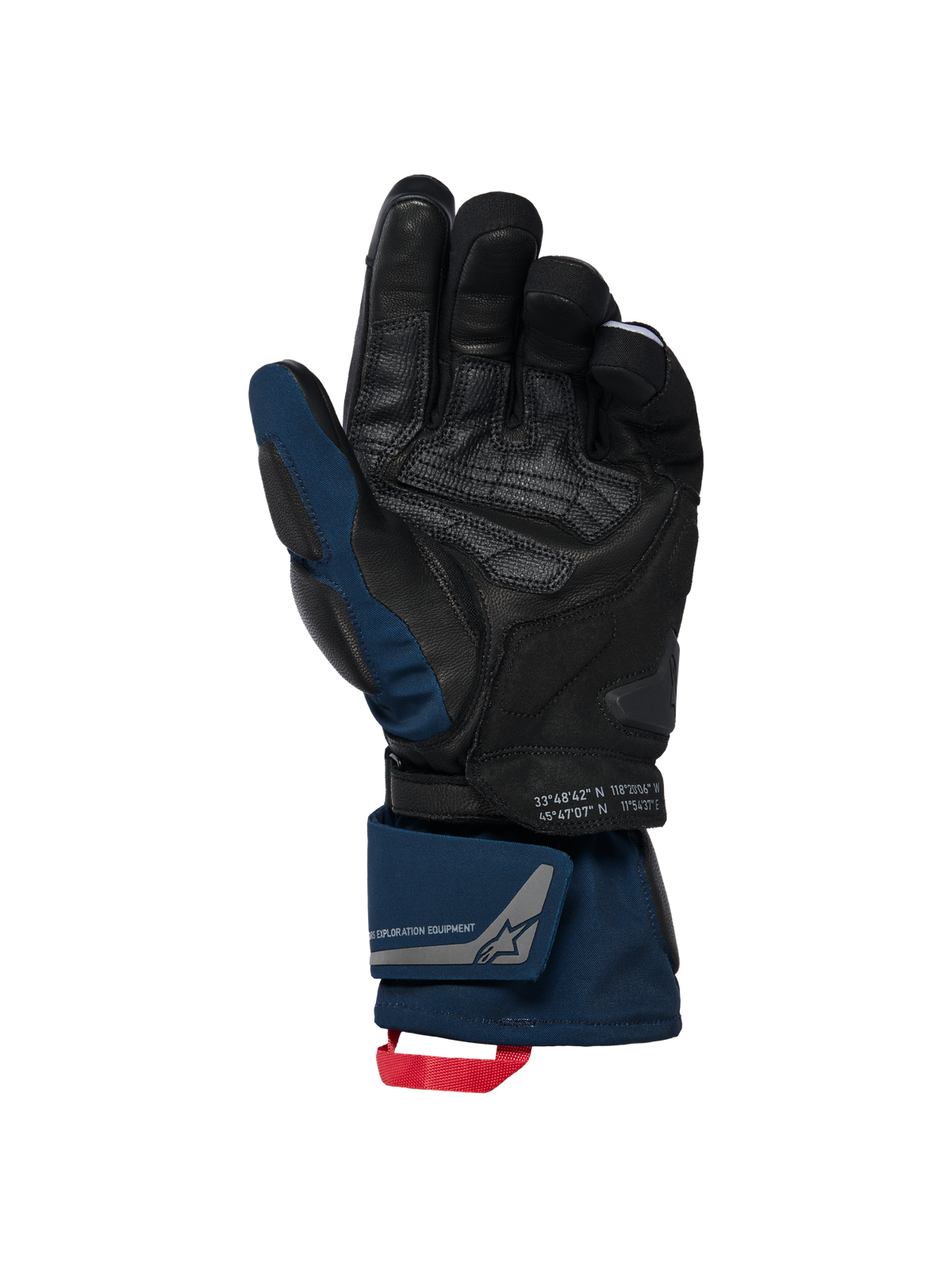 Alpinestars WT-8 GORE-TEX Isolerede Handsker, sort og mørkeblå, håndfladevisning med læderforstærkninger og polstret slider, design med lang manchet, dobbelt håndledslukning og rød træksløjfe, inklusiv koordinatdetaljer og 'exploration equipment' branding.