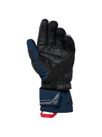 Alpinestars WT-8 GORE-TEX Isolerede Handsker, sort og mørkeblå, håndfladevisning med læderforstærkninger og polstret slider, design med lang manchet, dobbelt håndledslukning og rød træksløjfe, inklusiv koordinatdetaljer og 'exploration equipment' branding.