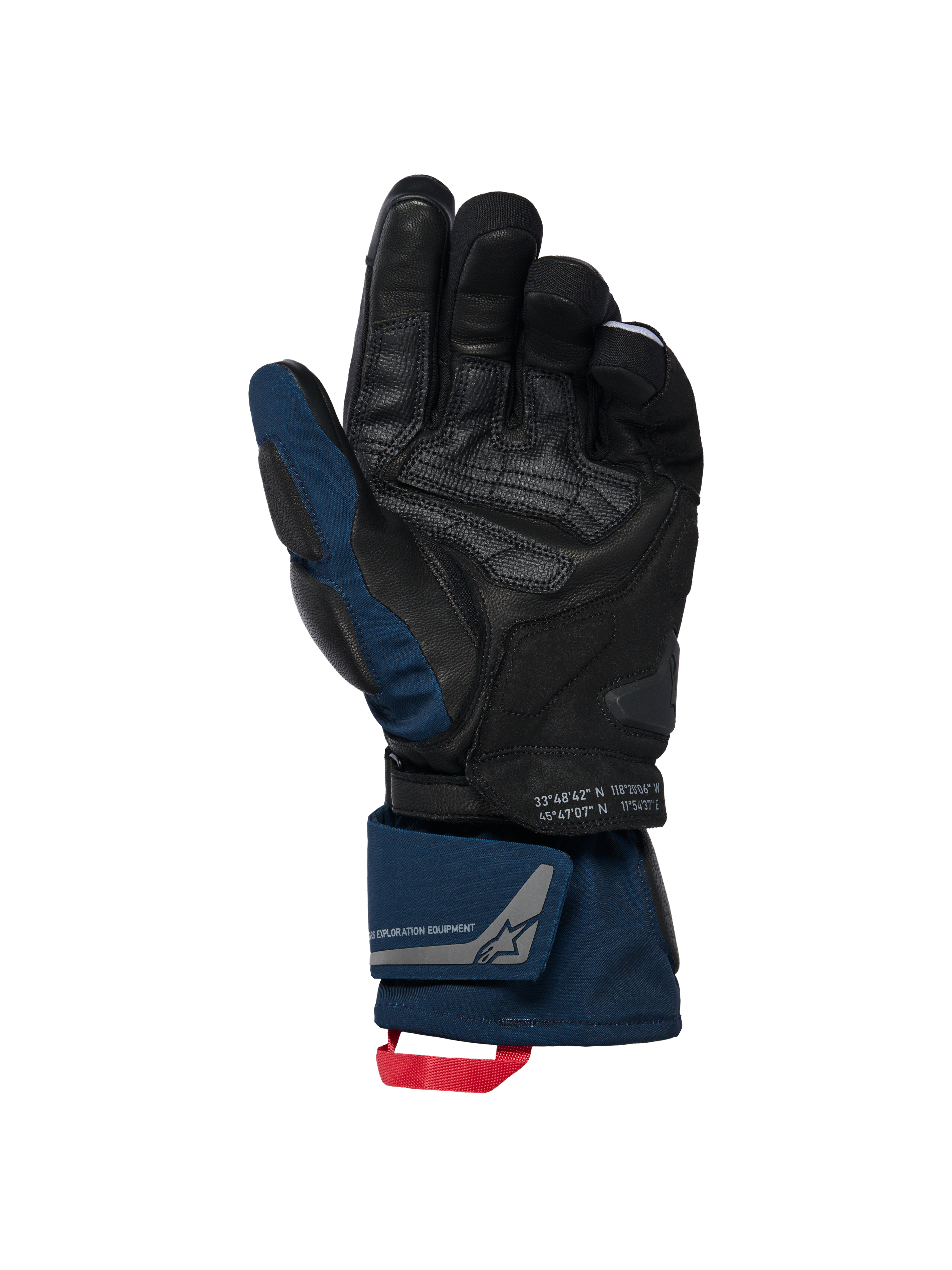 Alpinestars WT-8 GORE-TEX Isolerede Handsker, sort og mørkeblå, håndfladevisning med læderforstærkninger og polstret slider, design med lang manchet, dobbelt håndledslukning og rød træksløjfe, inklusiv koordinatdetaljer og 'exploration equipment' branding.