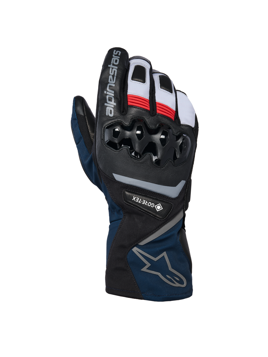 Alpinestars WT-8 GORE-TEX Insulated handsker, motorcykel vinterhandsker, sort og mørkeblå med røde og hvide accenter, med hård TPU-knobeskyttelse, GORE-TEX-branding og design med lang manchet.