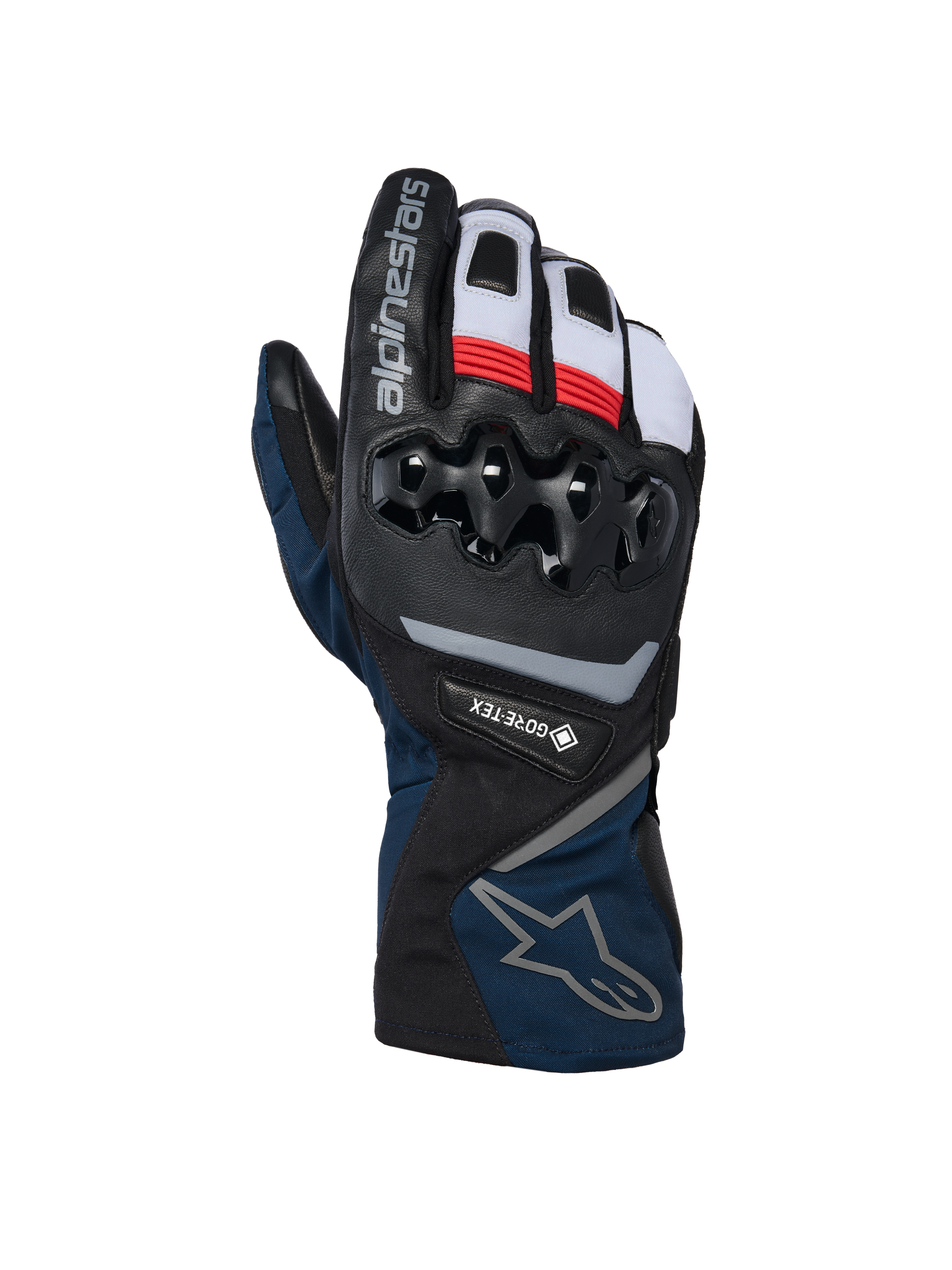 Alpinestars WT-8 GORE-TEX Insulated handsker, motorcykel vinterhandsker, sort og mørkeblå med røde og hvide accenter, med hård TPU-knobeskyttelse, GORE-TEX-branding og design med lang manchet.