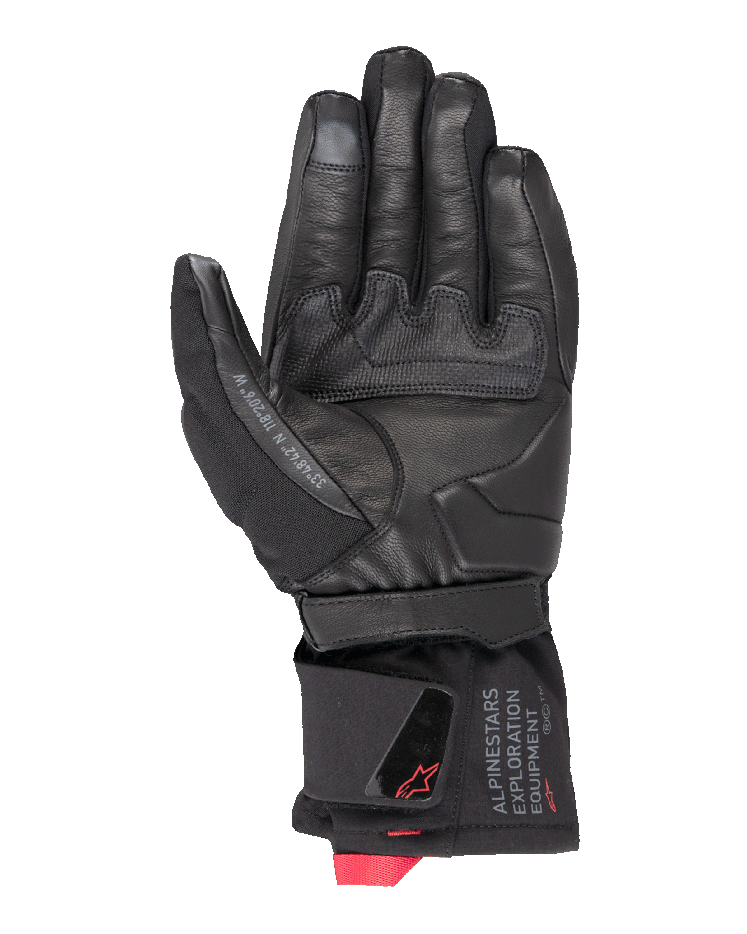 Alpinestars WT-4 GORE-TEX foret handske, motorcykelhandske, sort, håndfladevisning med læderkonstruktion og gummigreb, mellemlang manchet med Alpinestars Exploration Equipment-branding og røde logo-detaljer