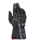 Alpinestars WT-4 GORE-TEX foret handske, sort motorcykelhandske, hård knobeskyttelse, læder- og tekstilkonstruktion, vandtæt GORE-TEX-teknologi, sølv Alpinestars-logo og navnetræk på manchetten, rød detalje ved håndleddet, vinterkørehandske
