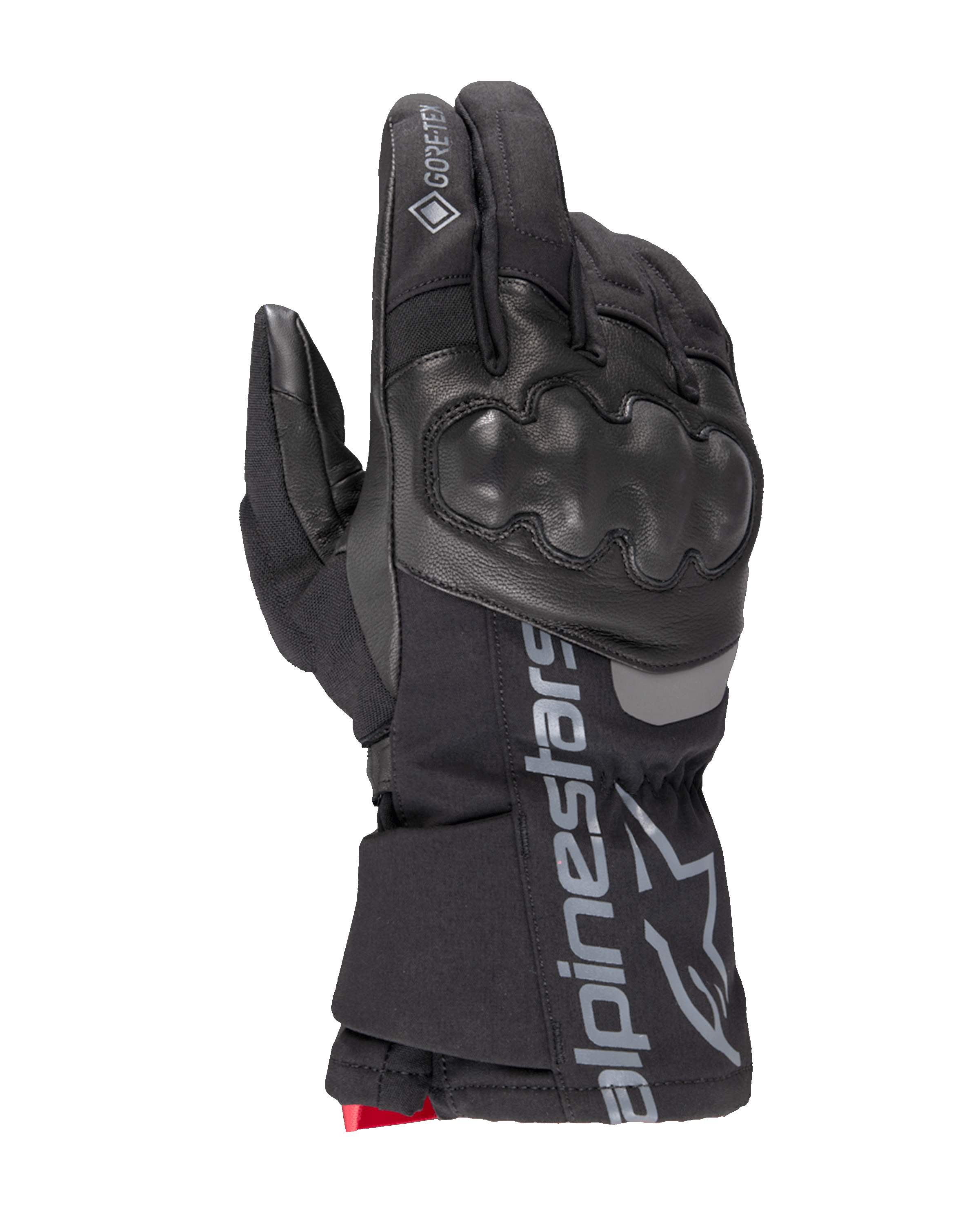 Alpinestars WT-4 GORE-TEX foret handske, sort motorcykelhandske, hård knobeskyttelse, læder- og tekstilkonstruktion, vandtæt GORE-TEX-teknologi, sølv Alpinestars-logo og navnetræk på manchetten, rød detalje ved håndleddet, vinterkørehandske