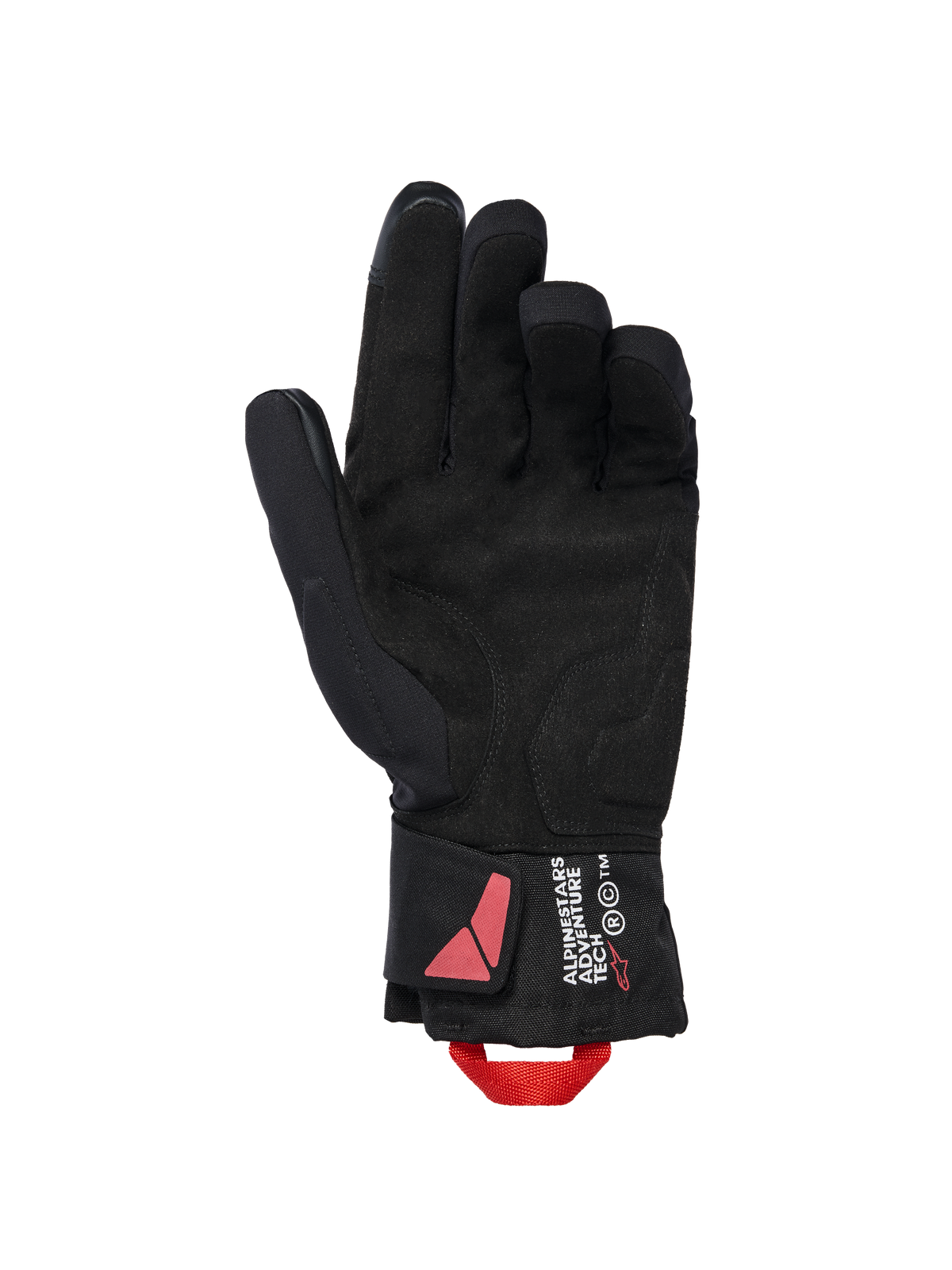 Alpinestars XT-3 Drystar® isolerede handsker, sorte motorcykelhandsker, set fra håndfladesiden med ruskindsmateriale og rød trækstrop, Alpinestars Adventure Tech-branding på manchetten, vandtæt vinterkøreudstyr
