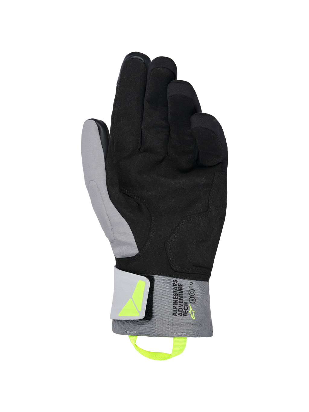 Alpinestars XT-3 Drystar® isolerede handsker, sorte og mørkegrå motorcykelhandsker, håndfladevisning med blødt sort ruskind og gråt tekstil, fluoriserende gul strop og logo, 'ALPINESTARS ADVENTURE TECH' branding på manchetten, vandtætte og isolerede til eventyrkørsel