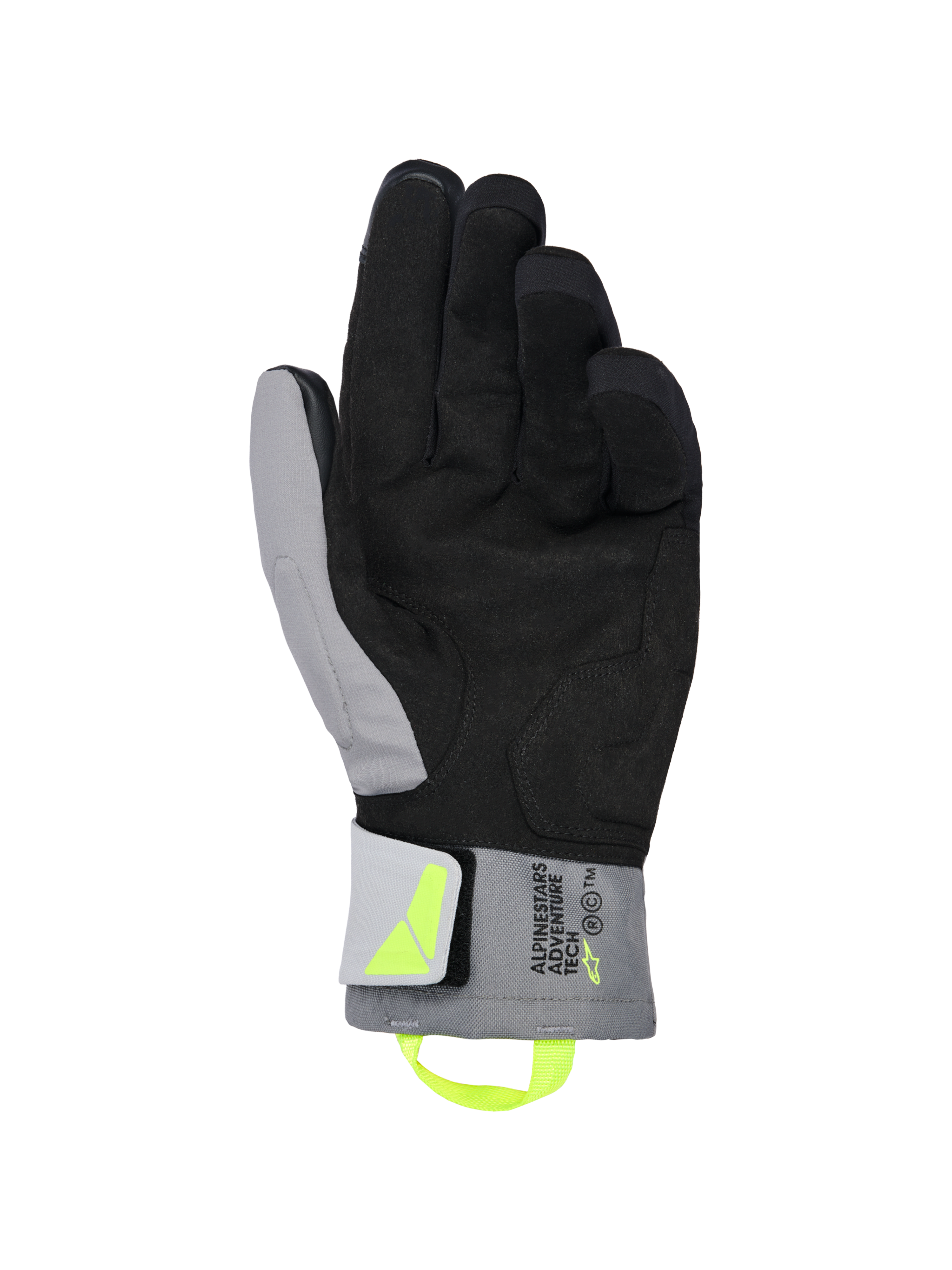 Alpinestars XT-3 Drystar® isolerede handsker, sorte og mørkegrå motorcykelhandsker, håndfladevisning med blødt sort ruskind og gråt tekstil, fluoriserende gul strop og logo, 'ALPINESTARS ADVENTURE TECH' branding på manchetten, vandtætte og isolerede til eventyrkørsel
