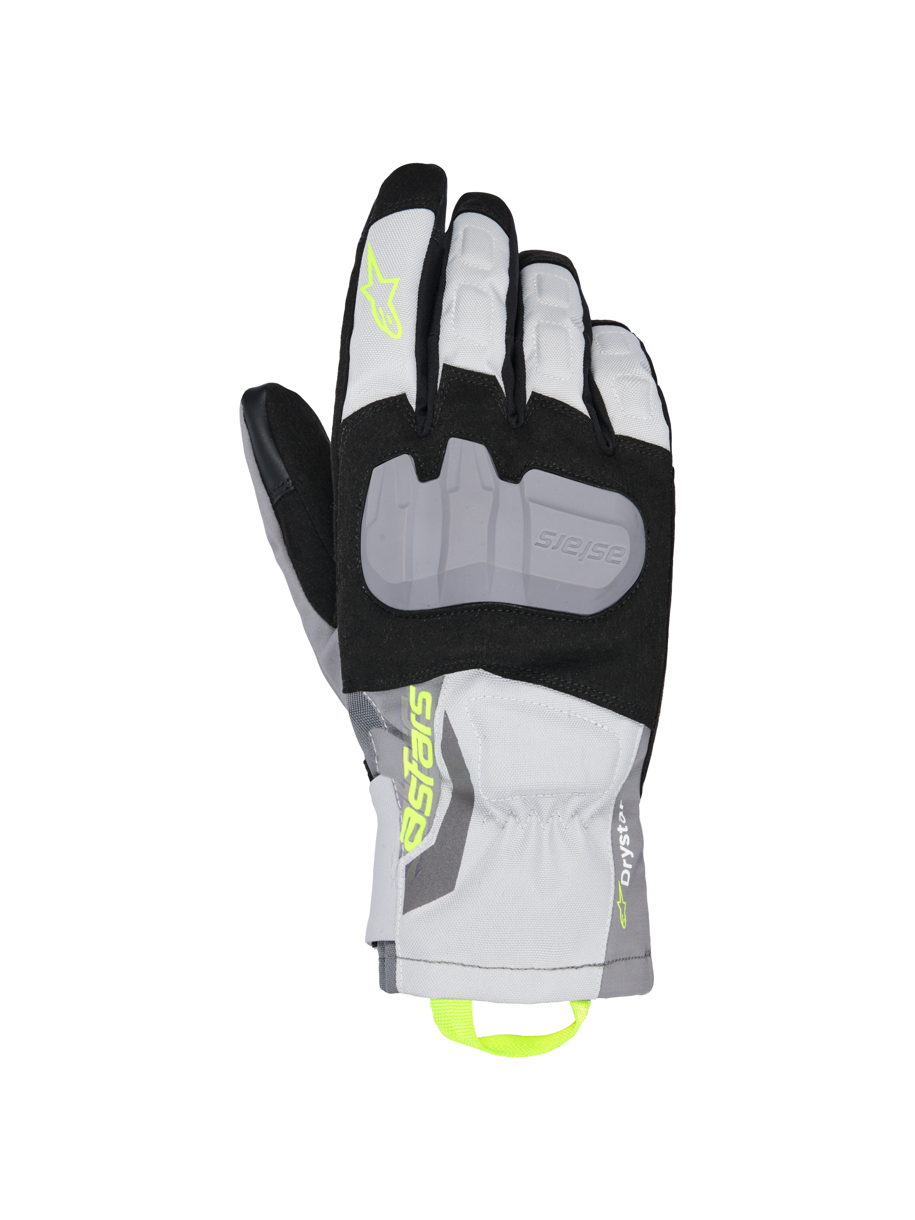 Alpinestars XT-3 Drystar isolerede handsker, motorcykelhandsker til touring, sort, grå og hvid, med en stor grå beskyttende knoplade, neongul Astars-branding og trækstrop, vandtæt tekstilkonstruktion med mellemlang manchet.