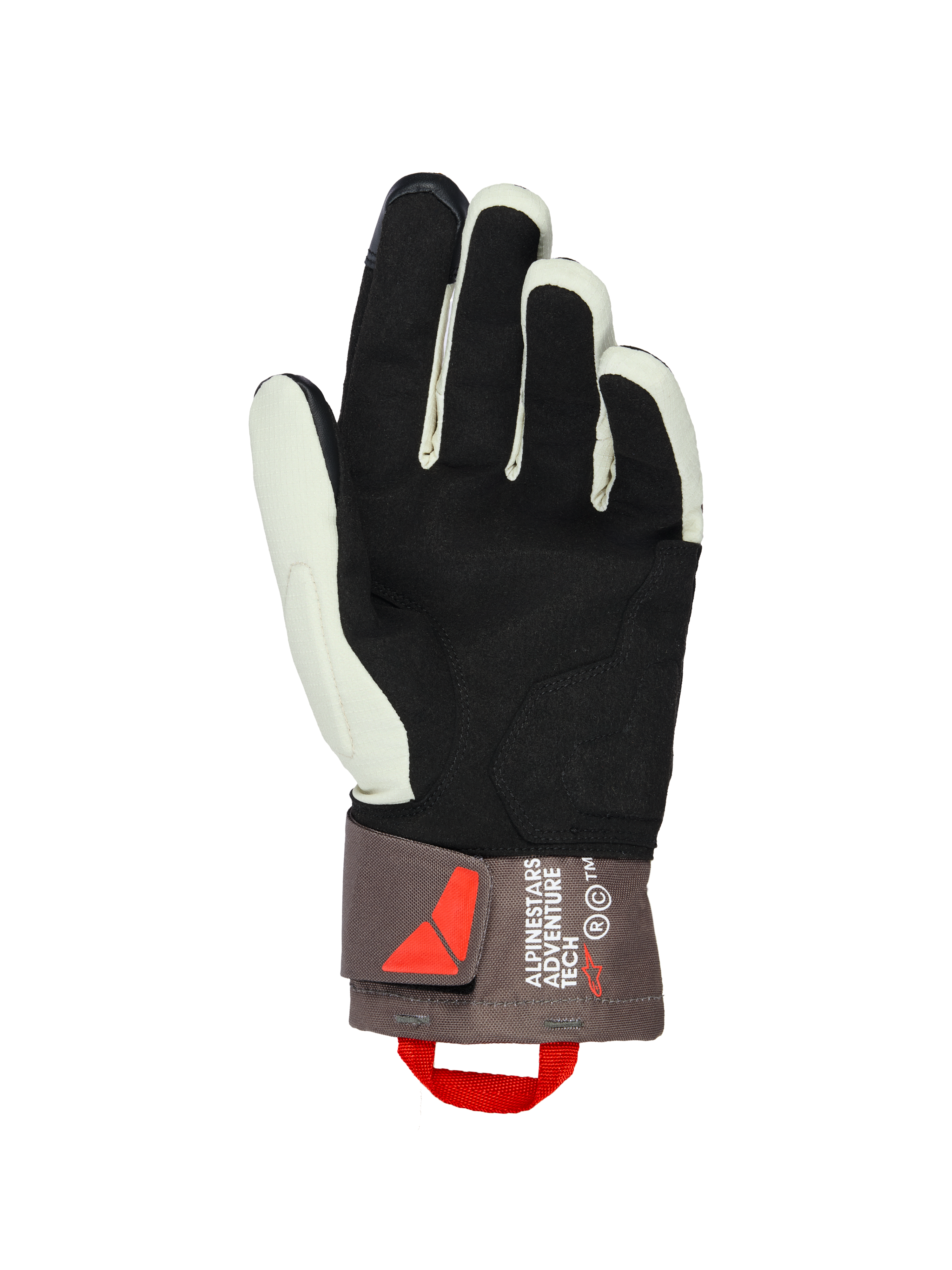 Alpinestars XT-3 Drystar® isolerede handsker, håndfladevisning, mørkebrun sand og sort, med blød ruskindshåndflade for greb, mellemlang manchet med Alpinestars Adventure Tech-branding, rød trækstrop og velcrolukning, adventure motorcykeludstyr