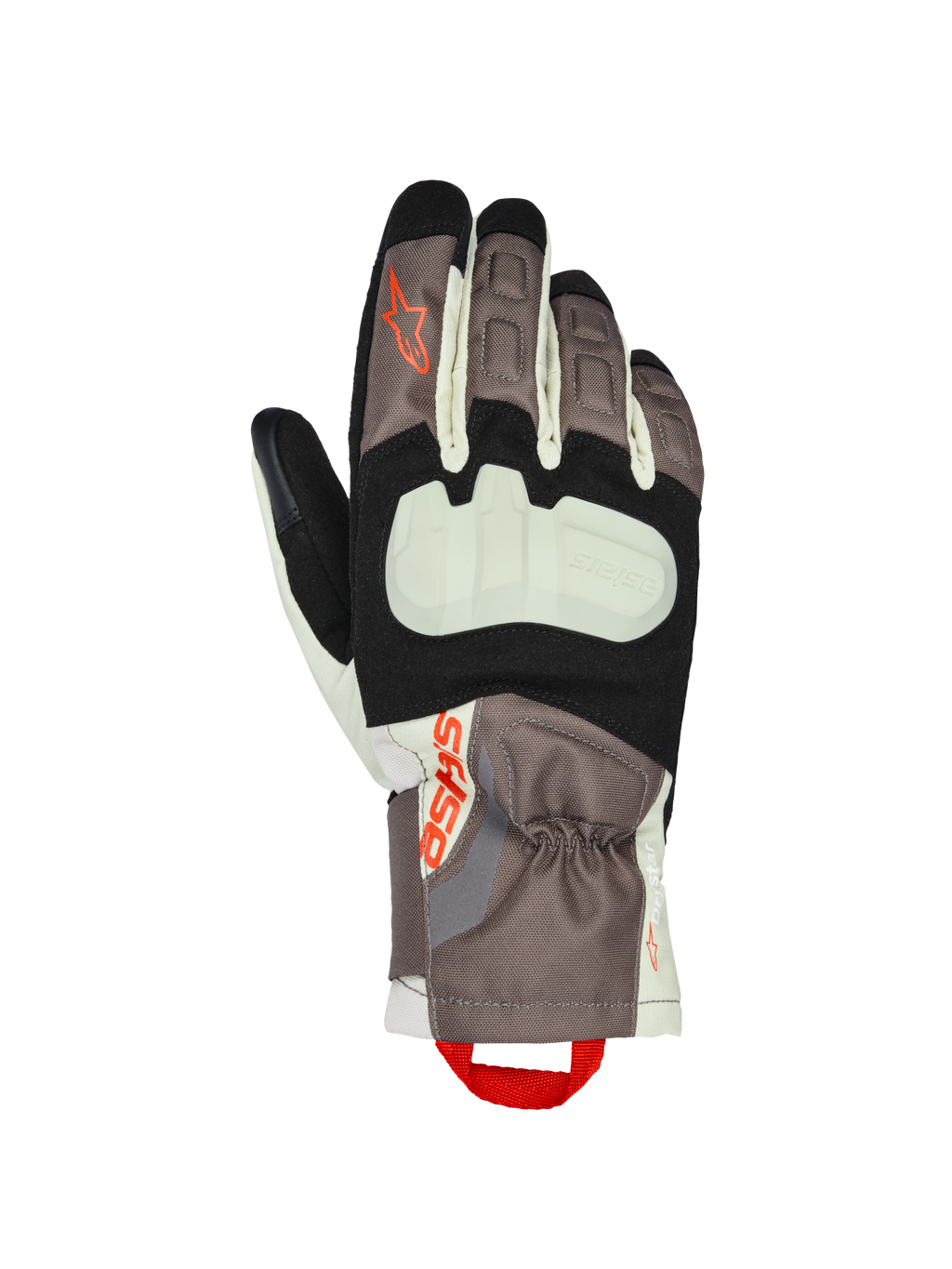 Alpinestars XT-3 Drystar® isolerede handsker, motorcykel touringhandsker, mørkebrun, sandfarvet og sort med orange detaljer, synlig knobeskyttelse, mellemlang manchet, slidstærk tekstilkonstruktion, Alpinestars-branding, rød fingerstrop