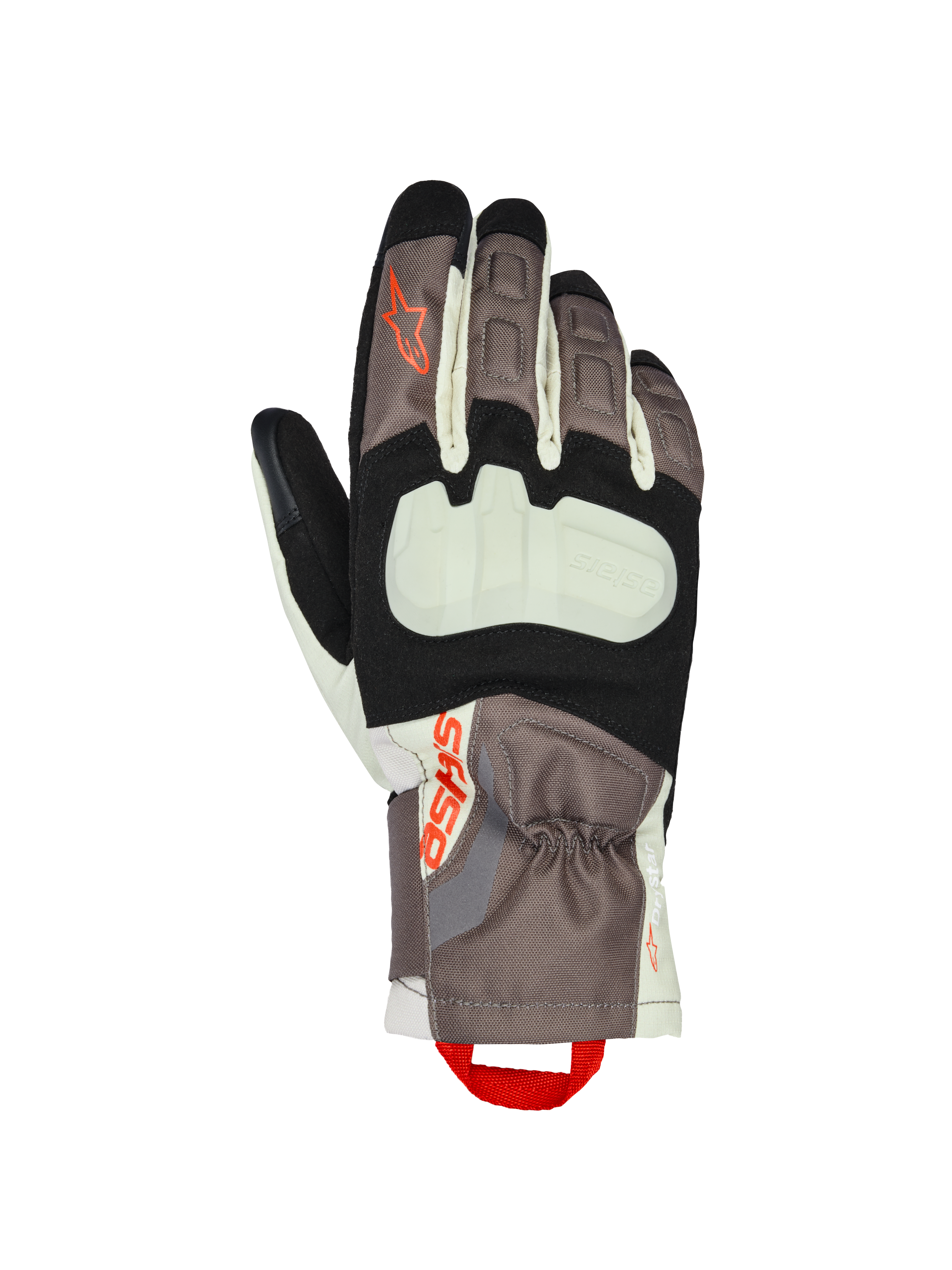 Alpinestars XT-3 Drystar® isolerede handsker, motorcykel touringhandsker, mørkebrun, sandfarvet og sort med orange detaljer, synlig knobeskyttelse, mellemlang manchet, slidstærk tekstilkonstruktion, Alpinestars-branding, rød fingerstrop