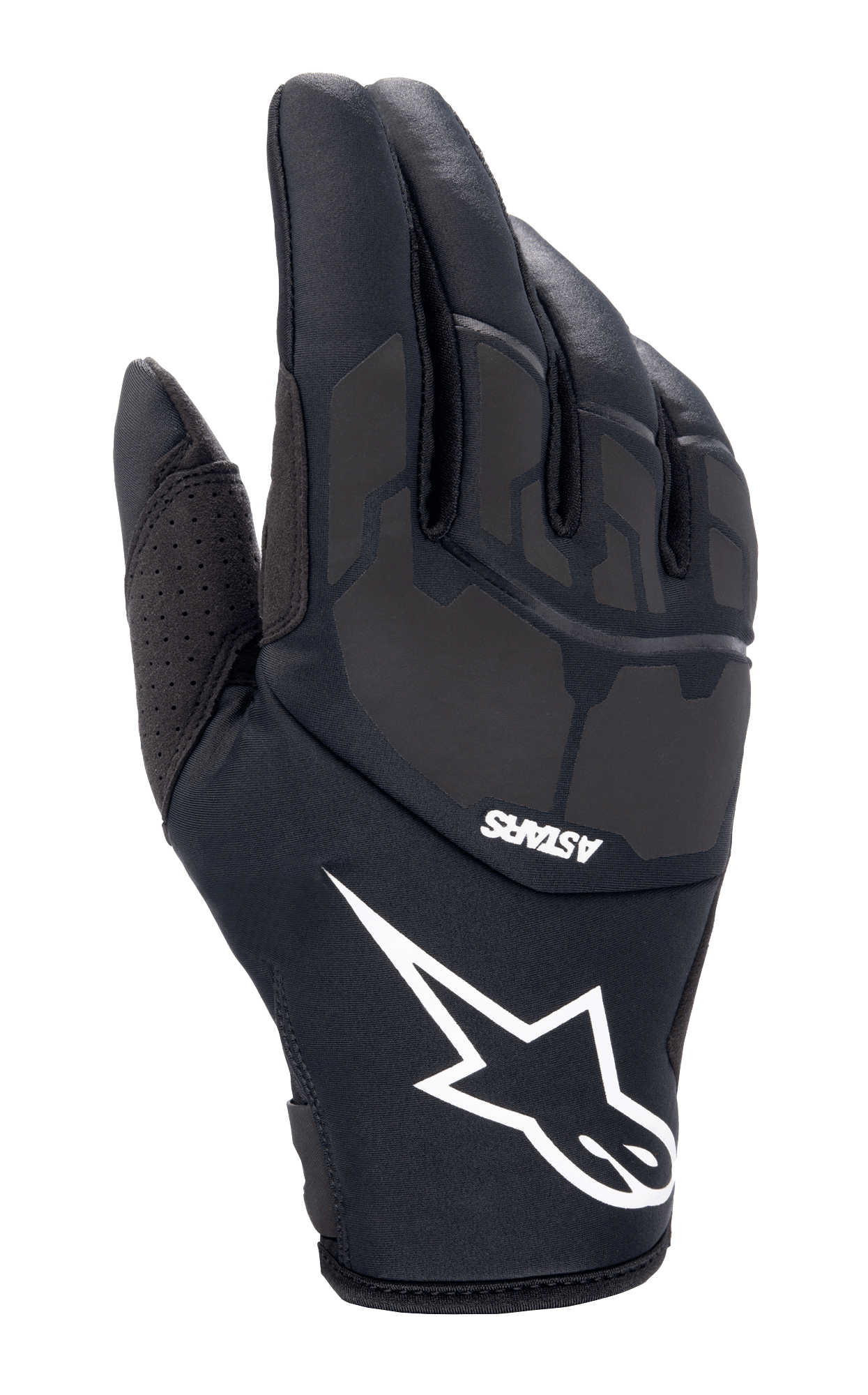 Alpinestars Thermo Shielder Gloves, Black Motocross Gloves, featuring a large white star logo and ASTARS branding, padded backhand with laser-laminated details, neoprene construction for cold weather, perforated thumb ventilation