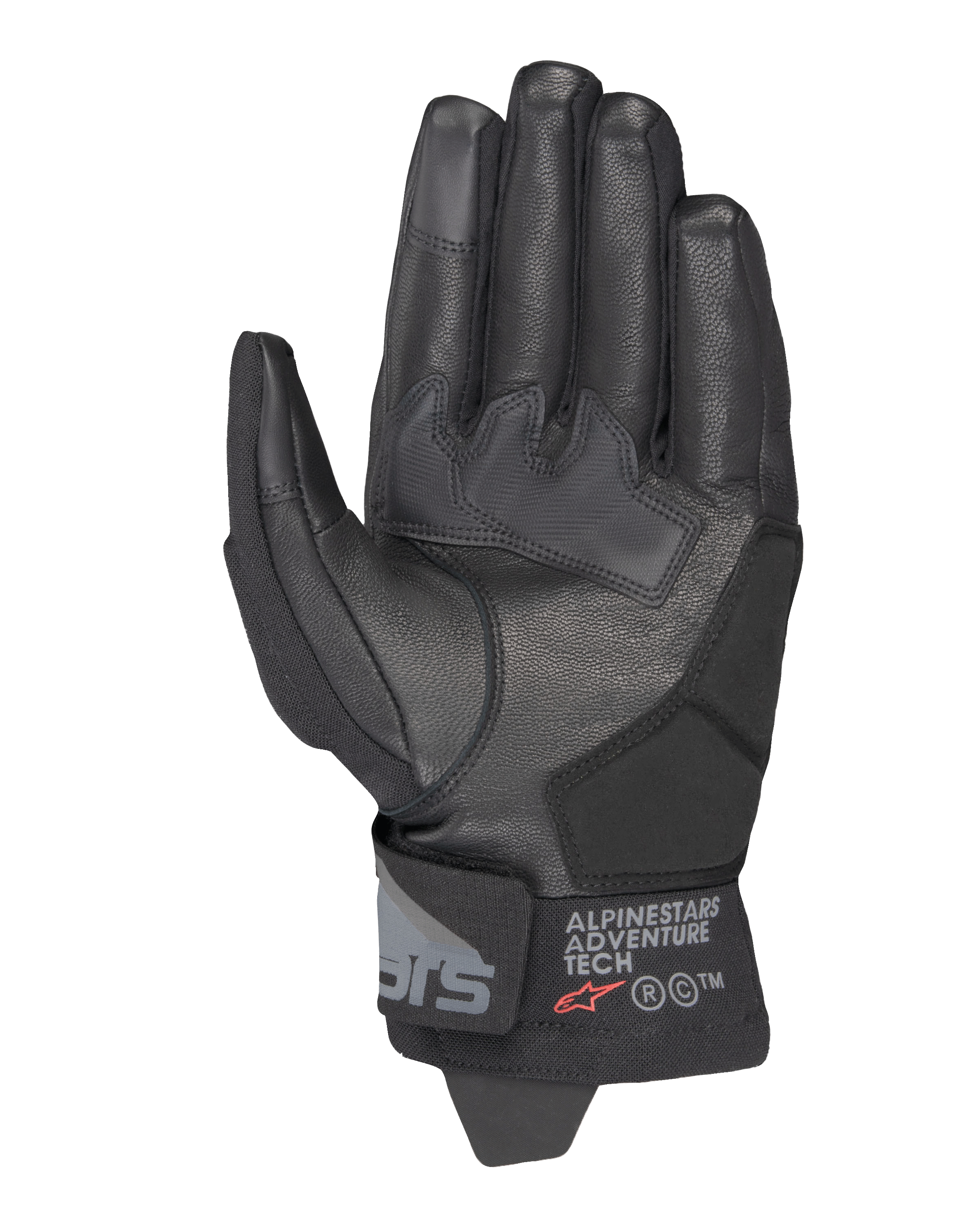 Alpinestars Corozal V3 Drystar® handsker, sort, set fra håndfladen, læderkonstruktion med forstærkede lapper, kort manchet med Alpinestars Adventure Tech-branding, touchscreen-kompatible fingerspidser, holdbart motorcykeludstyr til eventyrkørsel i al slags vejr
