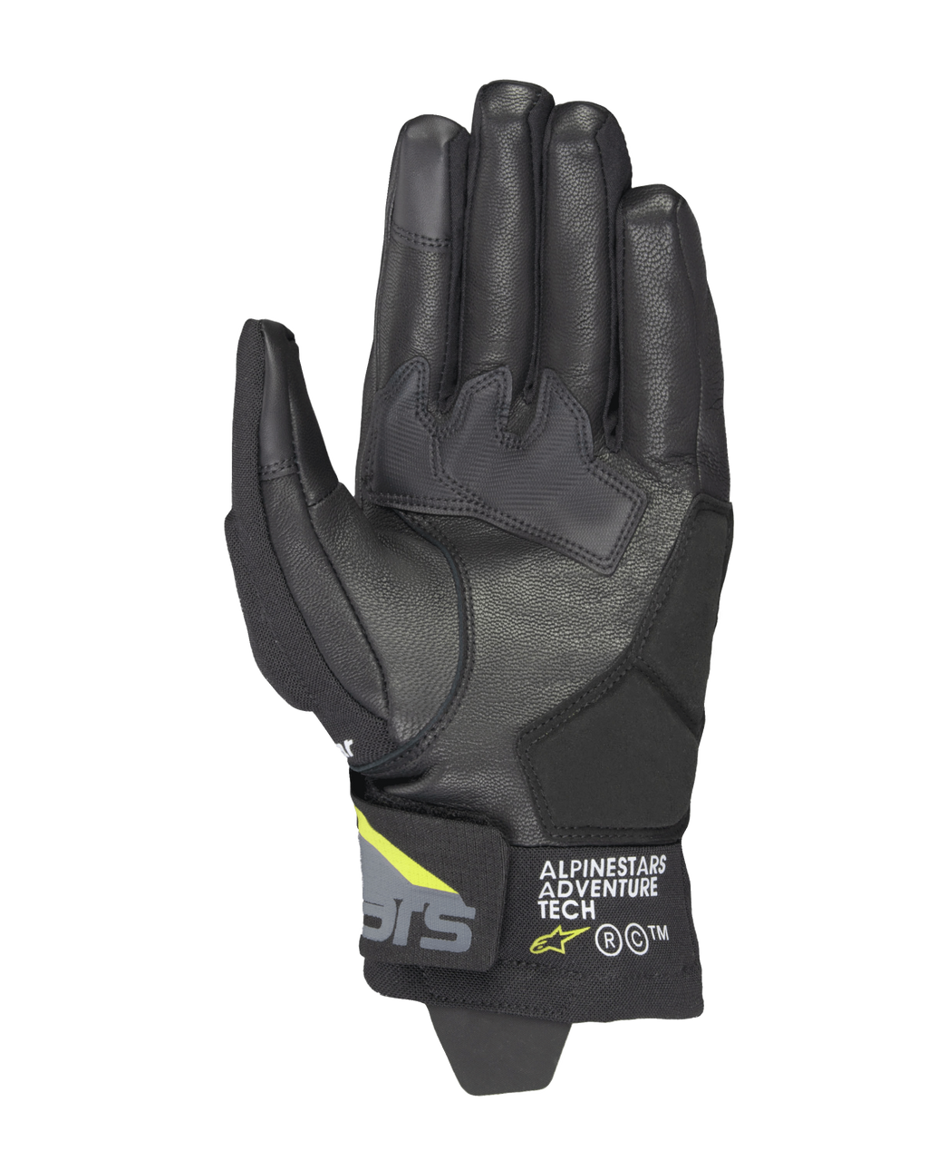 Alpinestars Corozal V3 Drystar® handsker, sort, mørkegrå og fluorescerende gul, set fra håndfladen med læderkonstruktion og syntetiske forstærkninger, touchscreen-kompatible fingerspidser og Alpinestars Adventure Tech-branding på den korte manchet.
