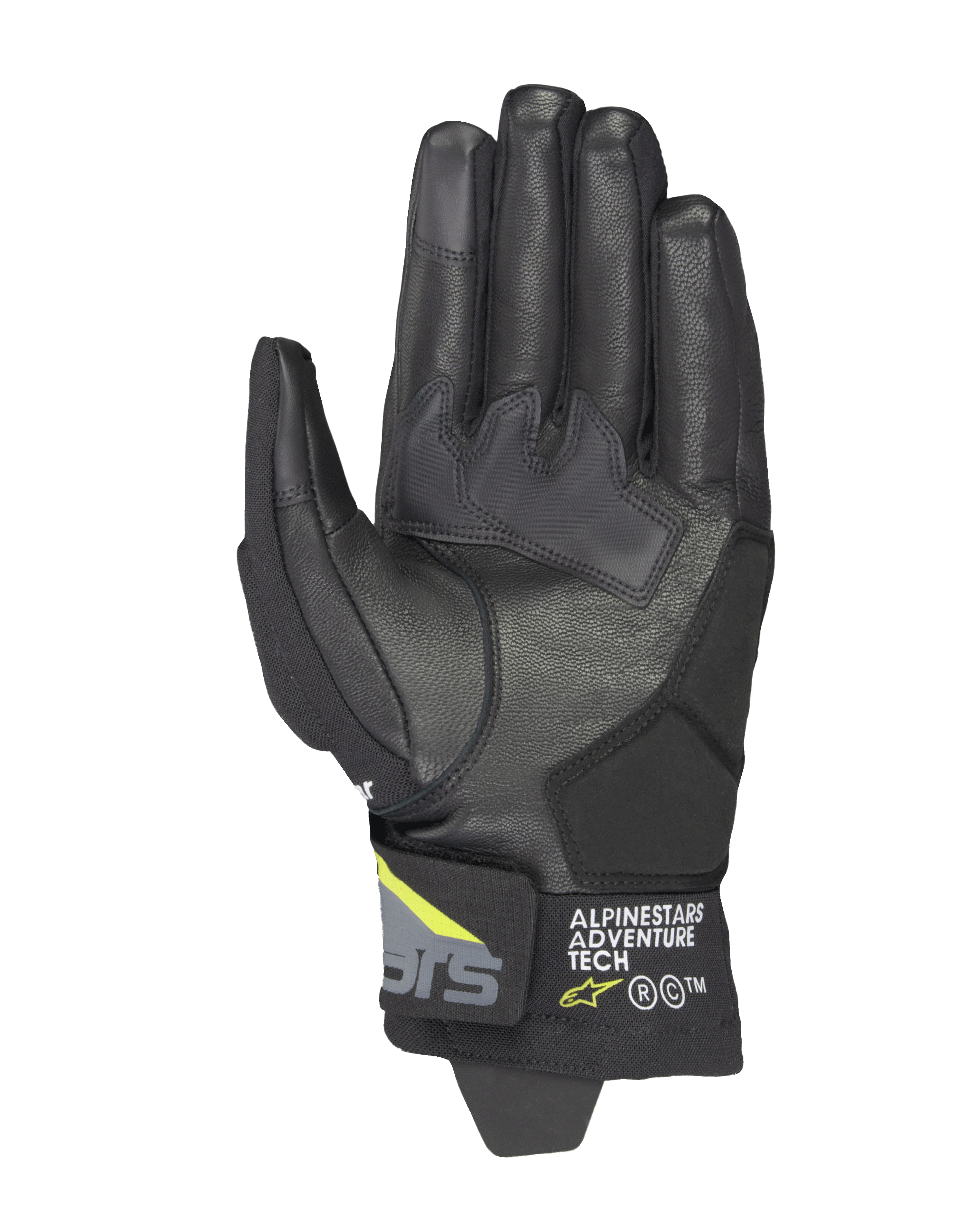 Alpinestars Corozal V3 Drystar® handsker, sort, mørkegrå og fluorescerende gul, set fra håndfladen med læderkonstruktion og syntetiske forstærkninger, touchscreen-kompatible fingerspidser og Alpinestars Adventure Tech-branding på den korte manchet.
