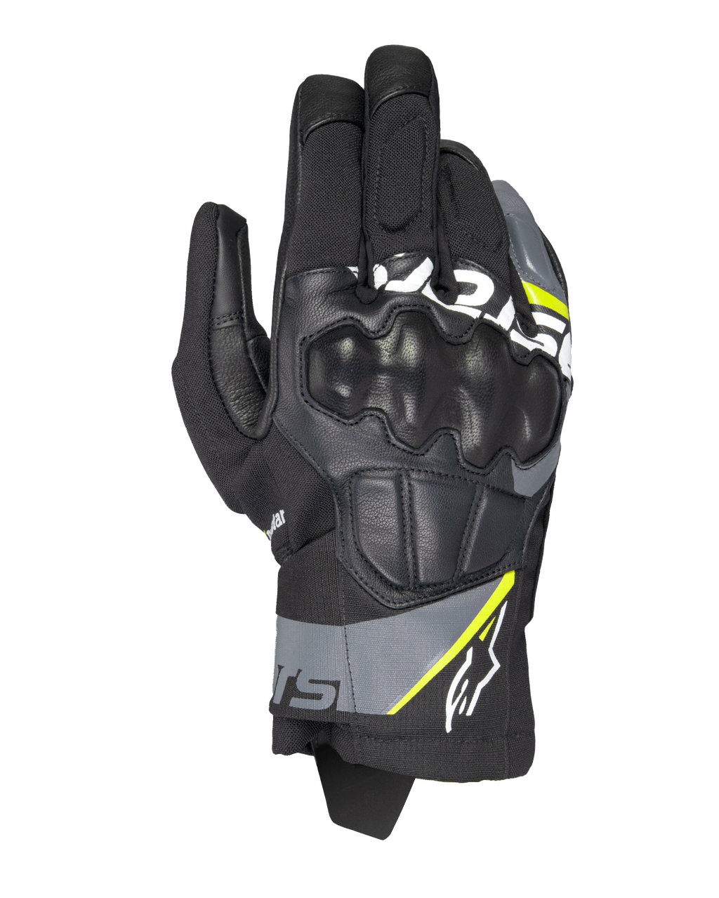 Alpinestars Corozal V3 Drystar handsker, adventure motorcykelhandsker, sort med grå og neon-gule detaljer, læder- og tekstilkonstruktion med formstøbt knobeskyttelse, kort manchet design, vandtæt og åndbar til kørsel i alt slags vejr