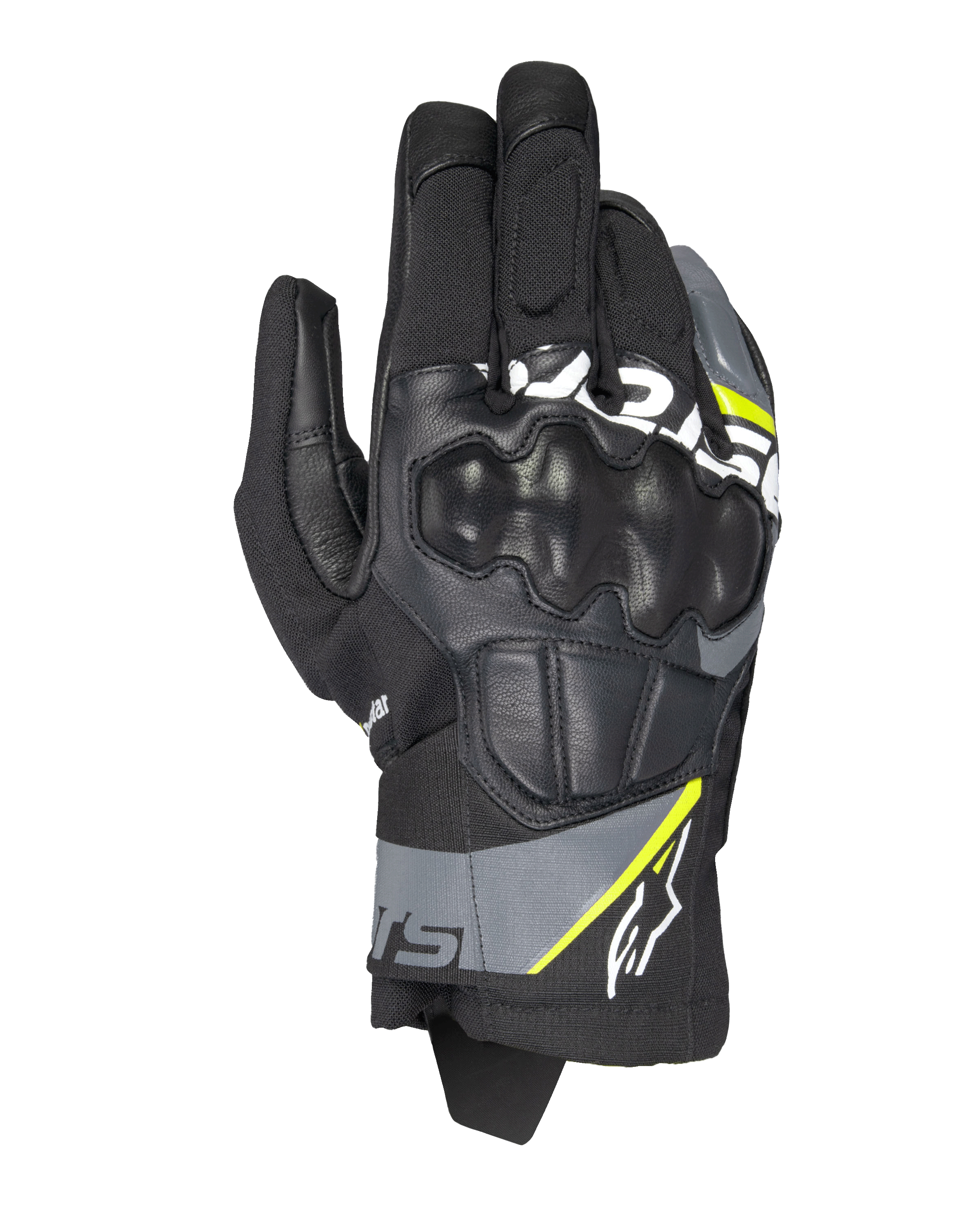 Alpinestars Corozal V3 Drystar handsker, adventure motorcykelhandsker, sort med grå og neon-gule detaljer, læder- og tekstilkonstruktion med formstøbt knobeskyttelse, kort manchet design, vandtæt og åndbar til kørsel i alt slags vejr