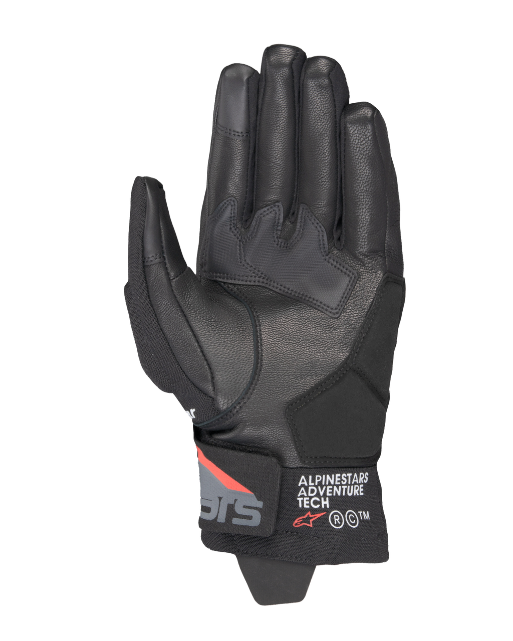 Alpinestars Corozal V3 Drystar® handsker, Black Deep Gray Red Fluo, set fra håndfladen, læderkonstruktion, syntetiske forstærkninger i håndfladen og kort manchet med Alpinestars Adventure Tech-branding
