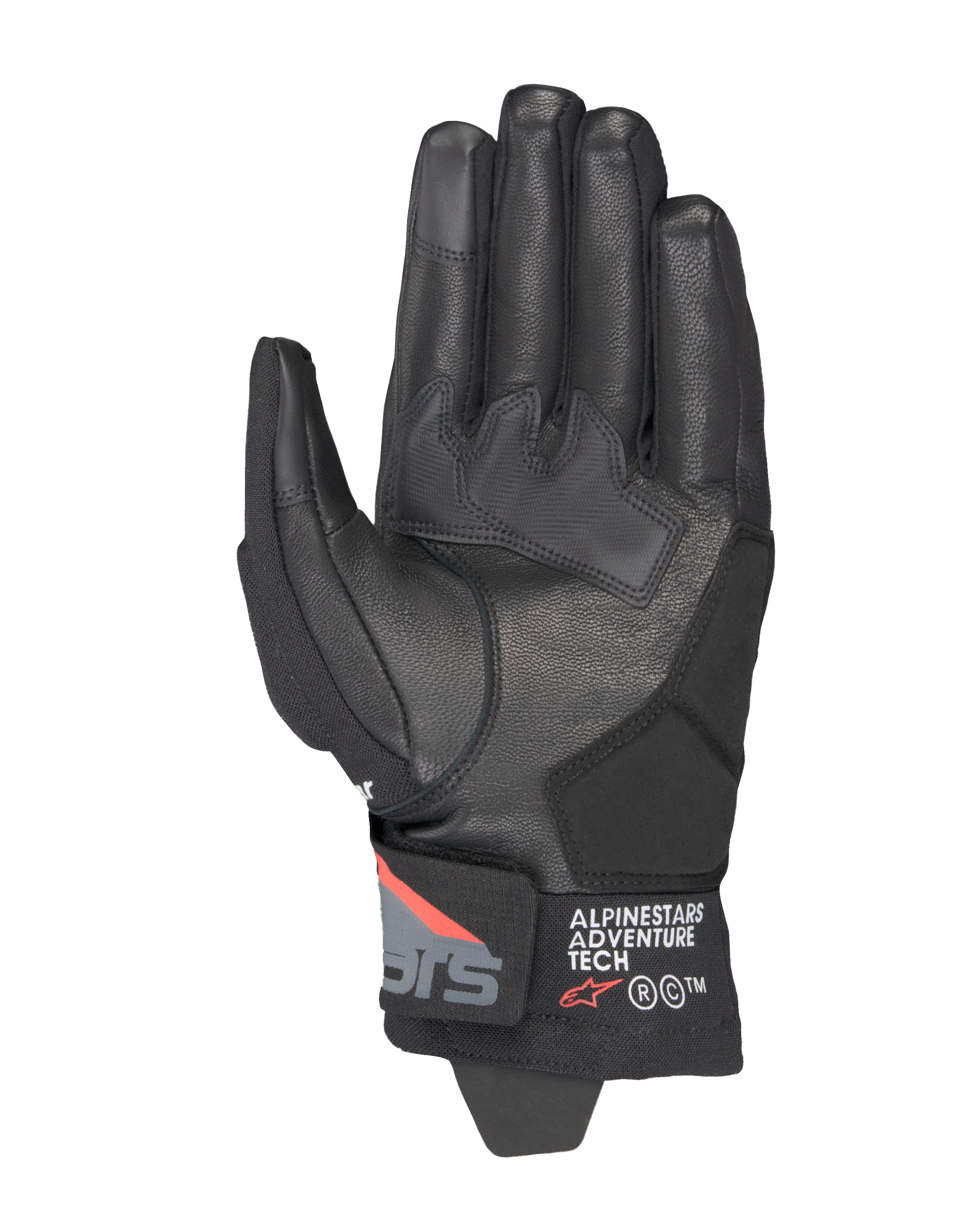 Alpinestars Corozal V3 Drystar® handsker, Black Deep Gray Red Fluo, set fra håndfladen, læderkonstruktion, syntetiske forstærkninger i håndfladen og kort manchet med Alpinestars Adventure Tech-branding