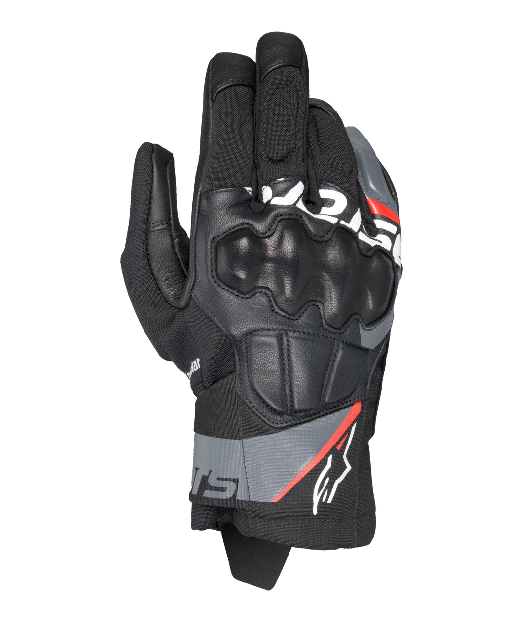 Alpinestars Corozal V3 Drystar handsker, adventure motorcykelhandsker, sort med mørkegrå og rød fluo detaljer, set oppefra med læderdækket SP-knobeskytter, tekstil- og læderkonstruktion og kort manchetdesign, vandtæt adventure-udstyr