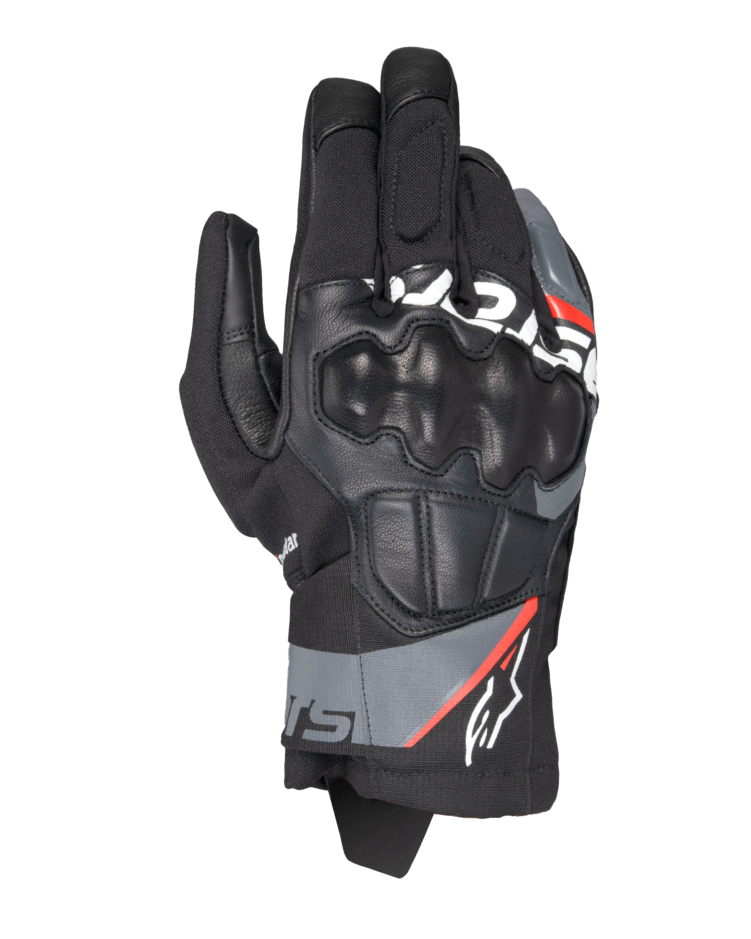 Alpinestars Corozal V3 Drystar® Gloves, Adventure Motorcycle Gloves, Black with Deep Gray and Red Fluo accents, top-down view featuring leather-covered SP knuckle protection, textile and leather chassis, and short cuff design, waterproof adventure riding gear