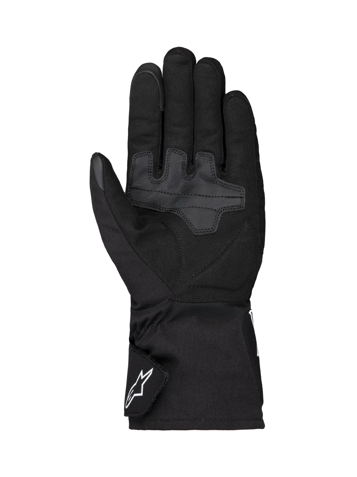 Alpinestars Wt-1 Drystar® forede handsker, motorcykelhandsker, sort, set fra håndfladen med forstærkede tekstilgrebområder, lang manchet med hvidt Alpinestars-logo på stroppen, vejrbestandig konstruktion til landevejskørsel