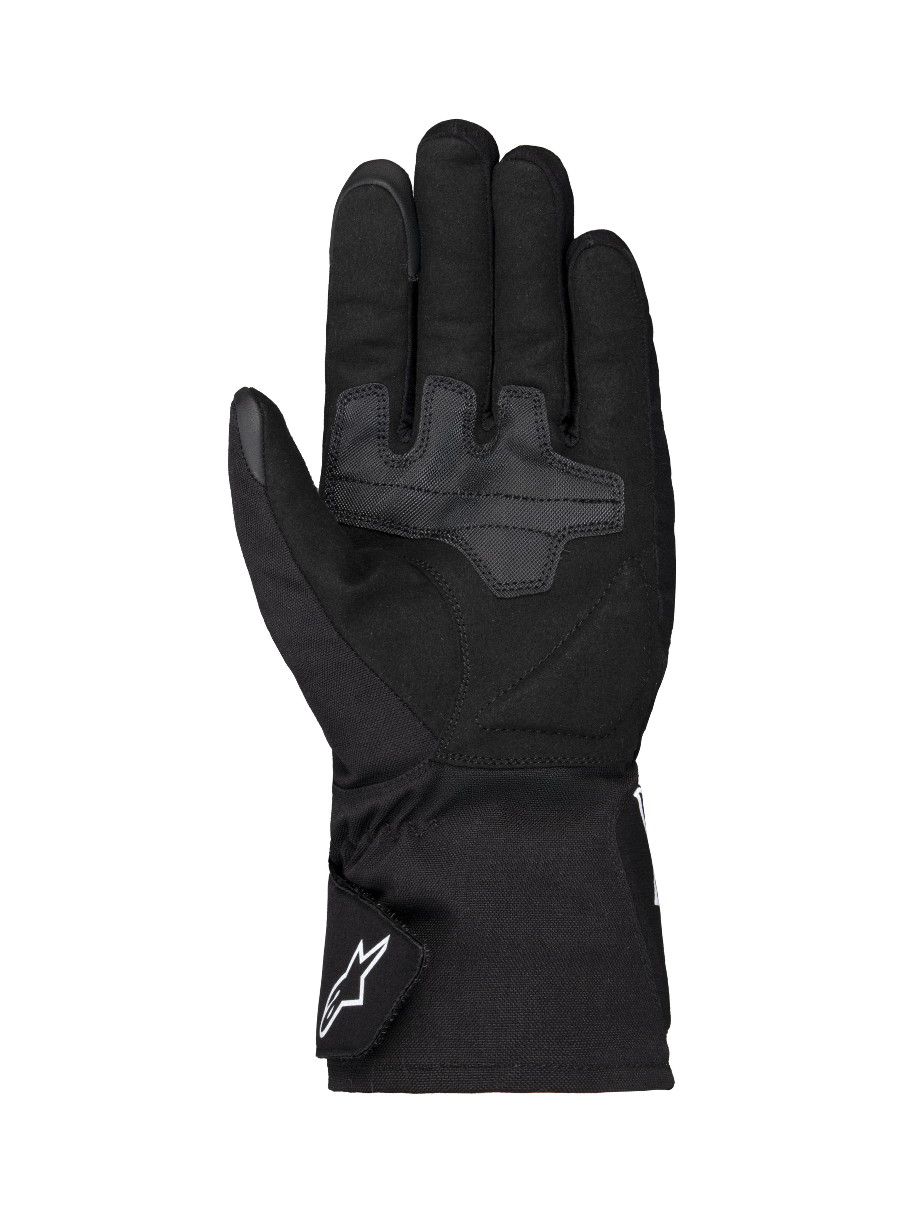 Alpinestars Wt-1 Drystar® forede handsker, motorcykelhandsker, sort, set fra håndfladen med forstærkede tekstilgrebområder, lang manchet med hvidt Alpinestars-logo på stroppen, vejrbestandig konstruktion til landevejskørsel