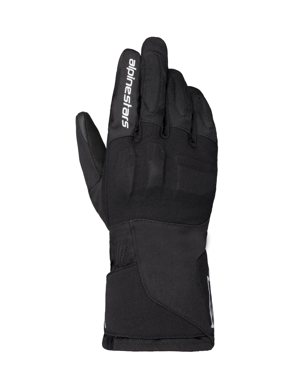 Alpinestars WT-1 Drystar isolerede handsker, motorcykelhandsker, sort, tekstilkonstruktion med integreret knobeskyttelse, hvid Alpinestars-branding på pegefingeren, lang manchet, vandtæt og termisk køreudstyr til landevejs- og eventyrbrug