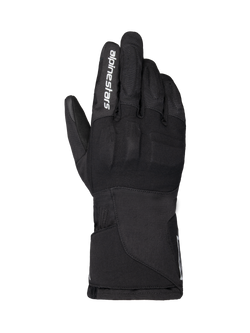 Alpinestars WT-1 Drystar Insulated Gloves, Motorcycle Gloves, Black, textile construction with integrated knuckle protection, white Alpinestars branding on the index finger, long gauntlet cuff, waterproof and thermal riding gear for road and adventure use