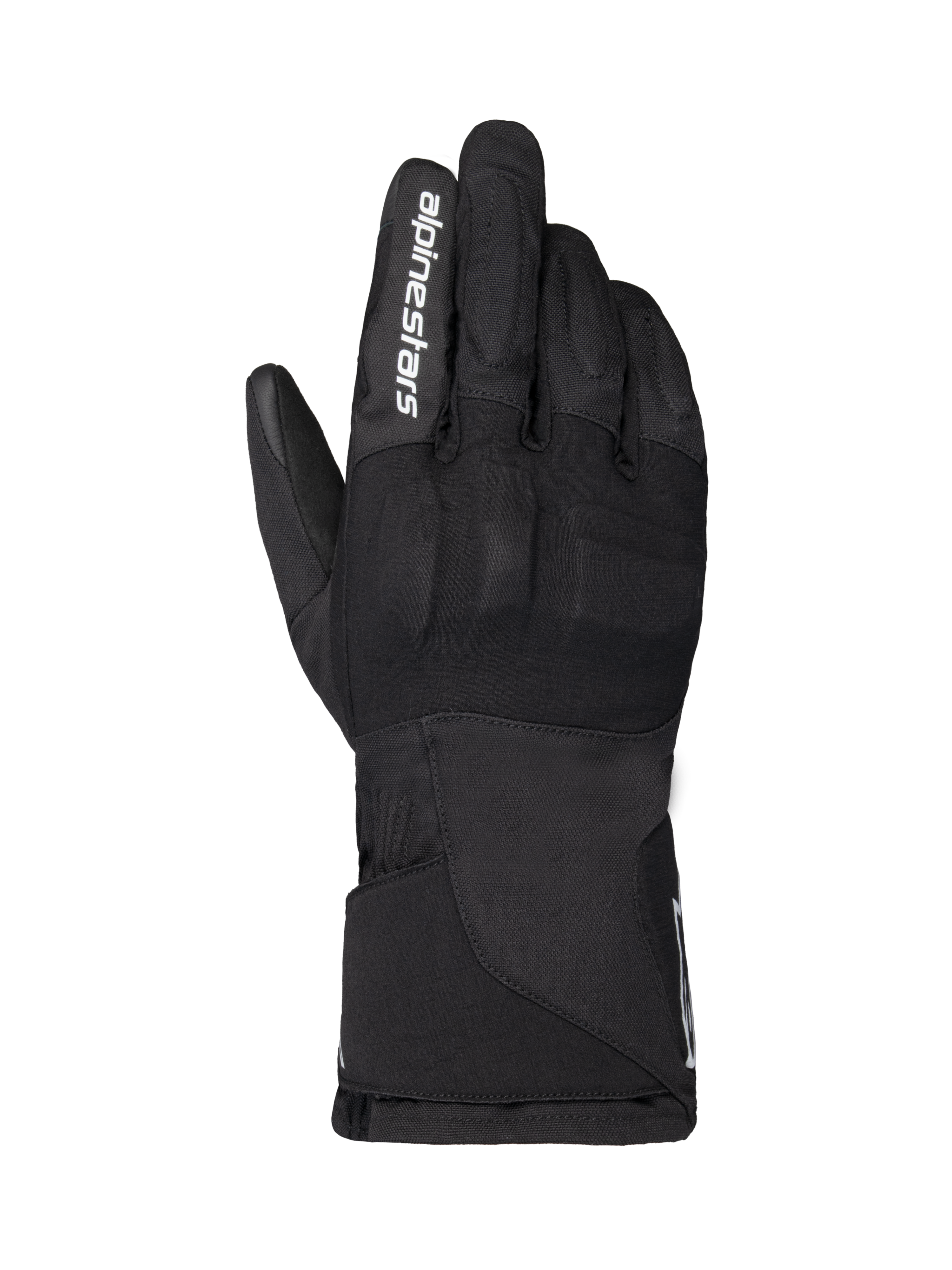 Alpinestars WT-1 Drystar Insulated Gloves, Motorcycle Gloves, Black, textile construction with integrated knuckle protection, white Alpinestars branding on the index finger, long gauntlet cuff, waterproof and thermal riding gear for road and adventure use