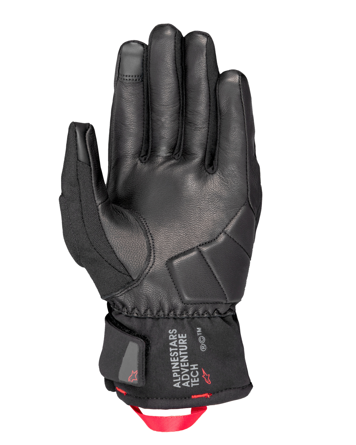 Alpinestars Crestone GORE-TEX forede handsker, motorcykelhandsker, sort, håndfladevisning med læderkonstruktion og forstærket stødpolstring, kort manchet med Alpinestars Adventure Tech-logo og en stærk rød webbing trækstrop