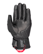 Alpinestars Crestone GORE-TEX forede handsker, motorcykelhandsker, sort, håndfladevisning med læderkonstruktion og forstærket stødpolstring, kort manchet med Alpinestars Adventure Tech-logo og en stærk rød webbing trækstrop