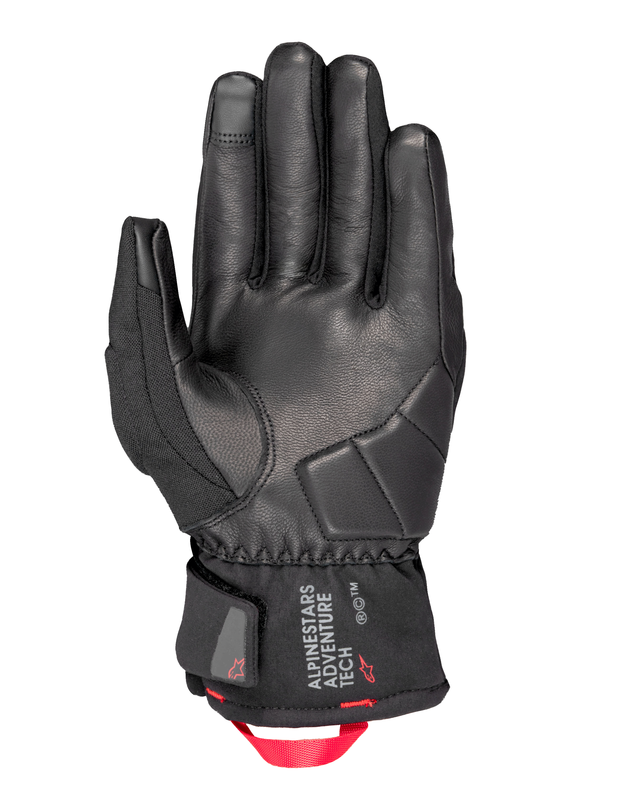 Alpinestars Crestone GORE-TEX forede handsker, motorcykelhandsker, sort, håndfladevisning med læderkonstruktion og forstærket stødpolstring, kort manchet med Alpinestars Adventure Tech-logo og en stærk rød webbing trækstrop