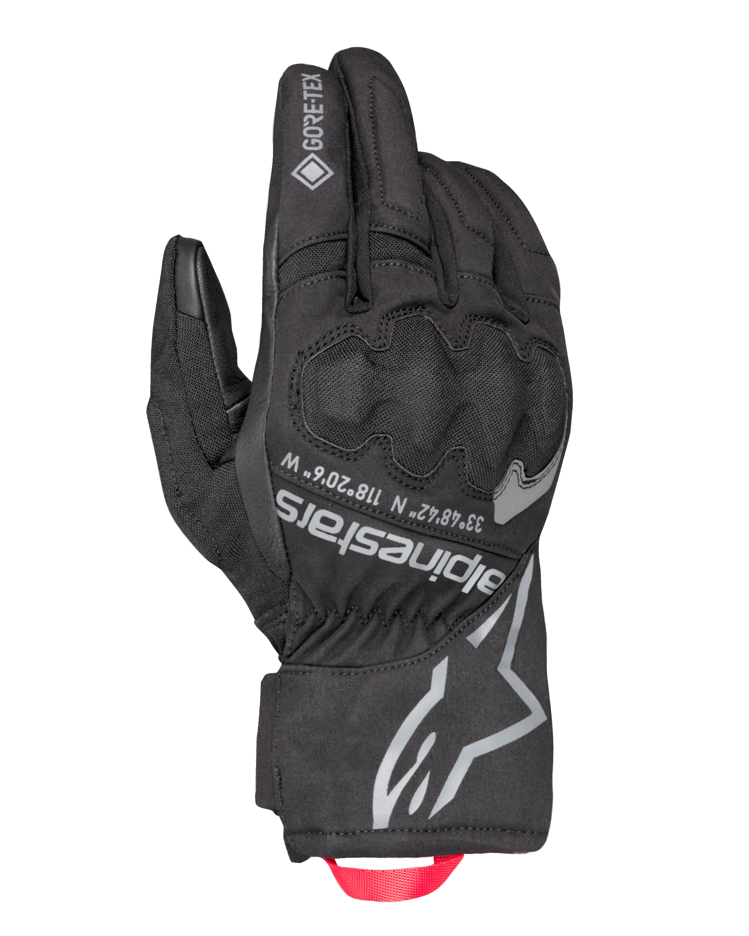 Alpinestars Crestone GORE-TEX isolerede handsker, sorte motorcykel touringhandsker, vandtæt og åndbar tekstil håndryg, integreret knobeskyttelse, sølvfarvet Alpinestars-logo og koordinater, rød trækstrop