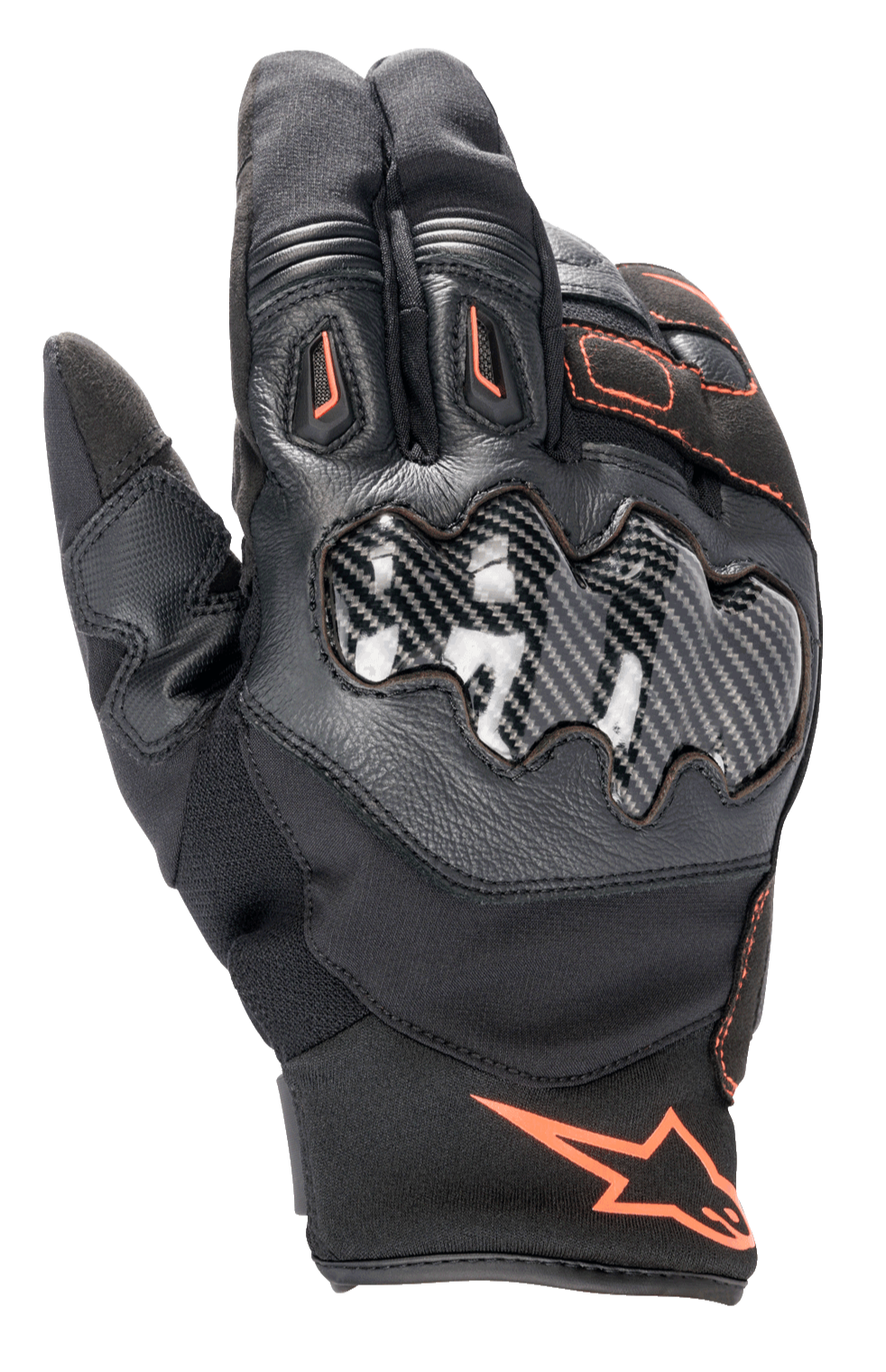 Alpinestars SMX-1 Drystar® Gloves, Motorcycle Riding Gloves, Black with Red Fluo accents, featuring a carbon effect knuckle protector, short cuff, leather and textile construction, waterproof Drystar® membrane
