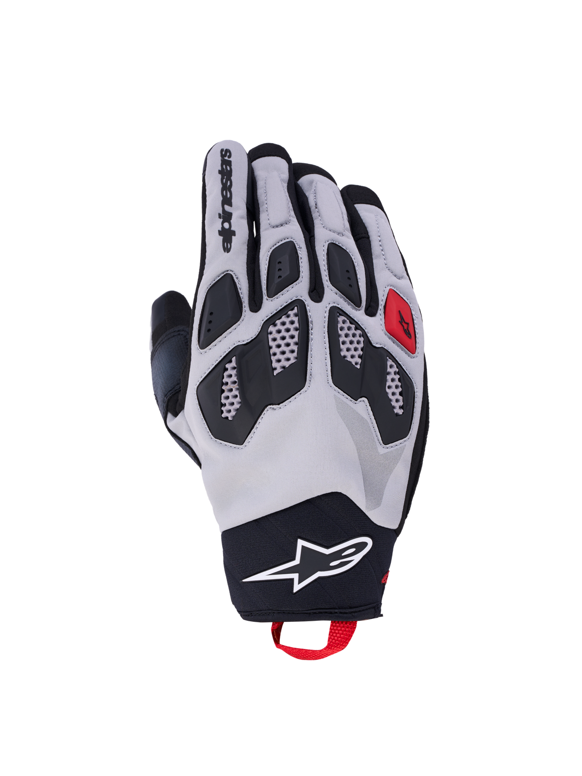 Alpinestars Maxdura Drystar handsker, dual-sport motorcykelhandsker i grå og sort med røde detaljer, CE-certificeret beskyttelse og vandtæt tekstilkonstruktion