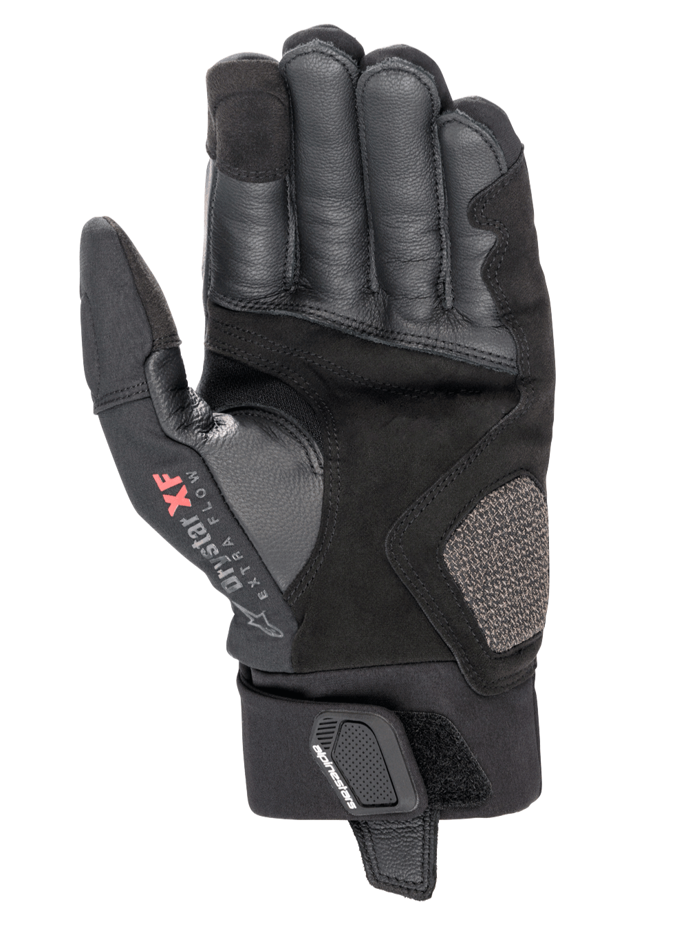 Alpinestars Hyde XT Drystar® XF Gloves, Motorcycle Gloves, Black, palm view featuring reinforced synthetic suede and leather texture, Drystar XF Extra Flow logo on the thumb, mid-length cuff with secure wrist strap, adventure touring design
