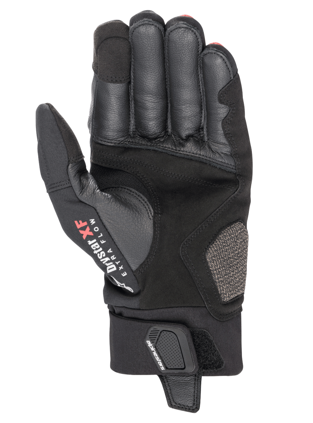 Alpinestars Hyde XT Drystar® XF Gloves, Motorcycle Gloves, Black and Bright Red, palm side view showing reinforced synthetic suede construction, Drystar XF Extra Flow branding on the thumb, and adjustable wrist closure flap.