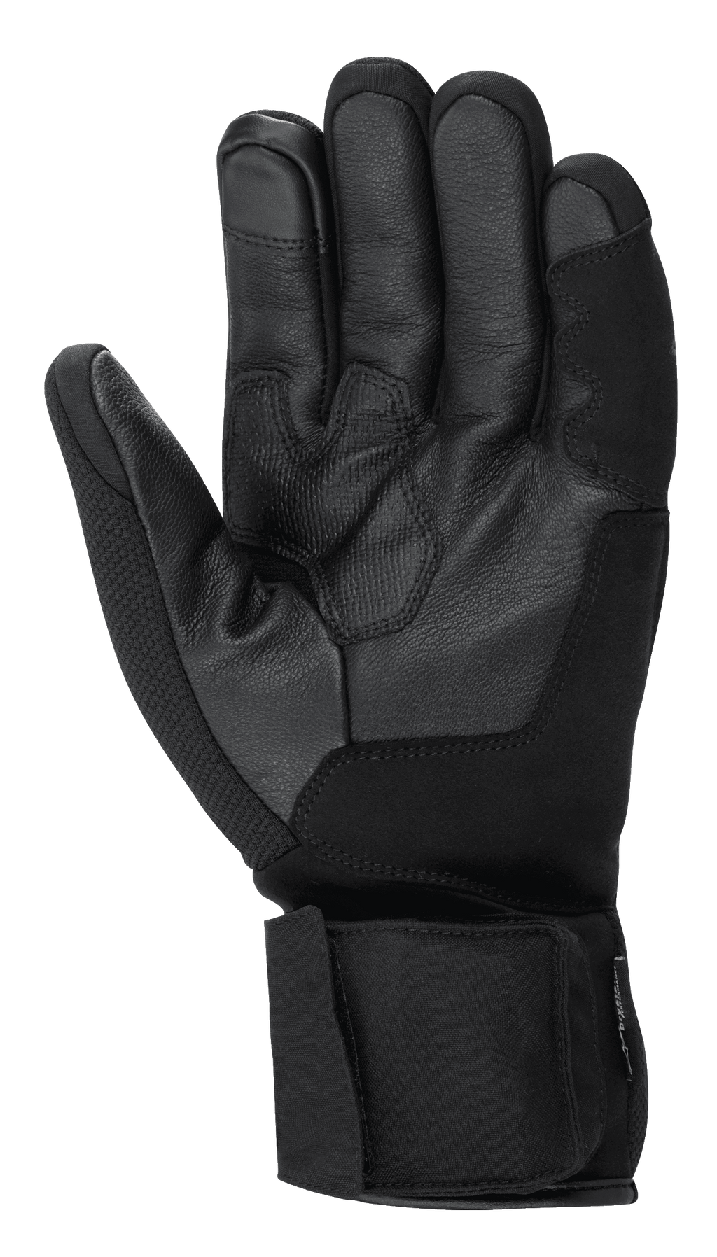 Alpinestars HT-3 Heat Tech Drystar® handsker, sorte motorcykelhandsker, håndfladevisning der viser gedelæderkonstruktion, tekstureret greb på håndflade og tommelfinger, justerbar manchetrem, touchscreen-kompatibel pegefinger, vinter touring-udstyr